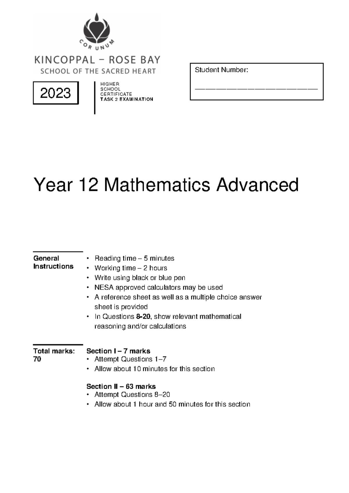 2023 HSC Year 12 Mathematics Advanced Task 2 Exam - Studocu