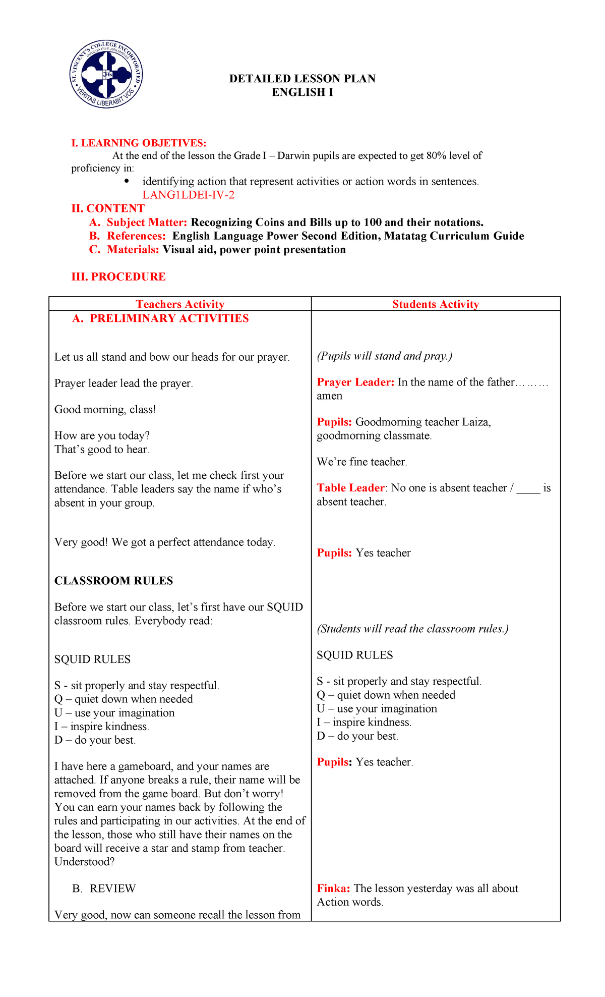 Detailed Lesson PLAN English - DETAILED LESSON PLAN ENGLISH I I ...