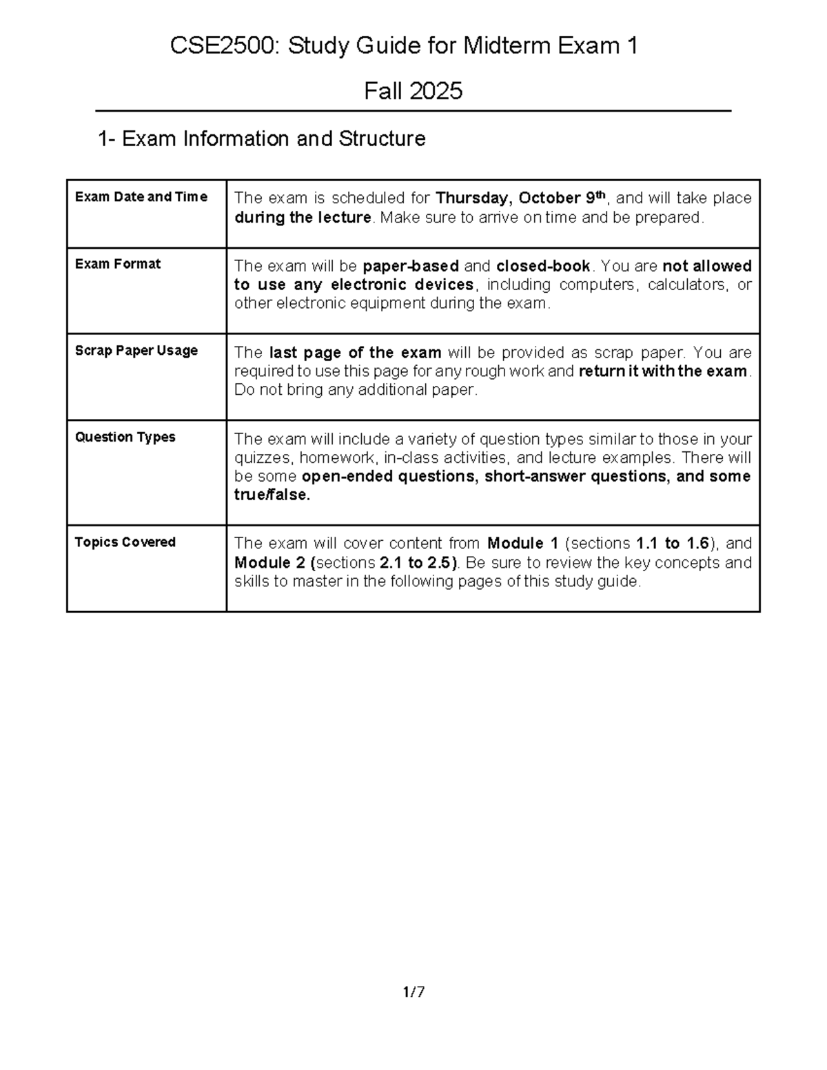 CSE2500: Comprehensive Study Guide for Midterm Exam 1 Fall 2025 - Studocu