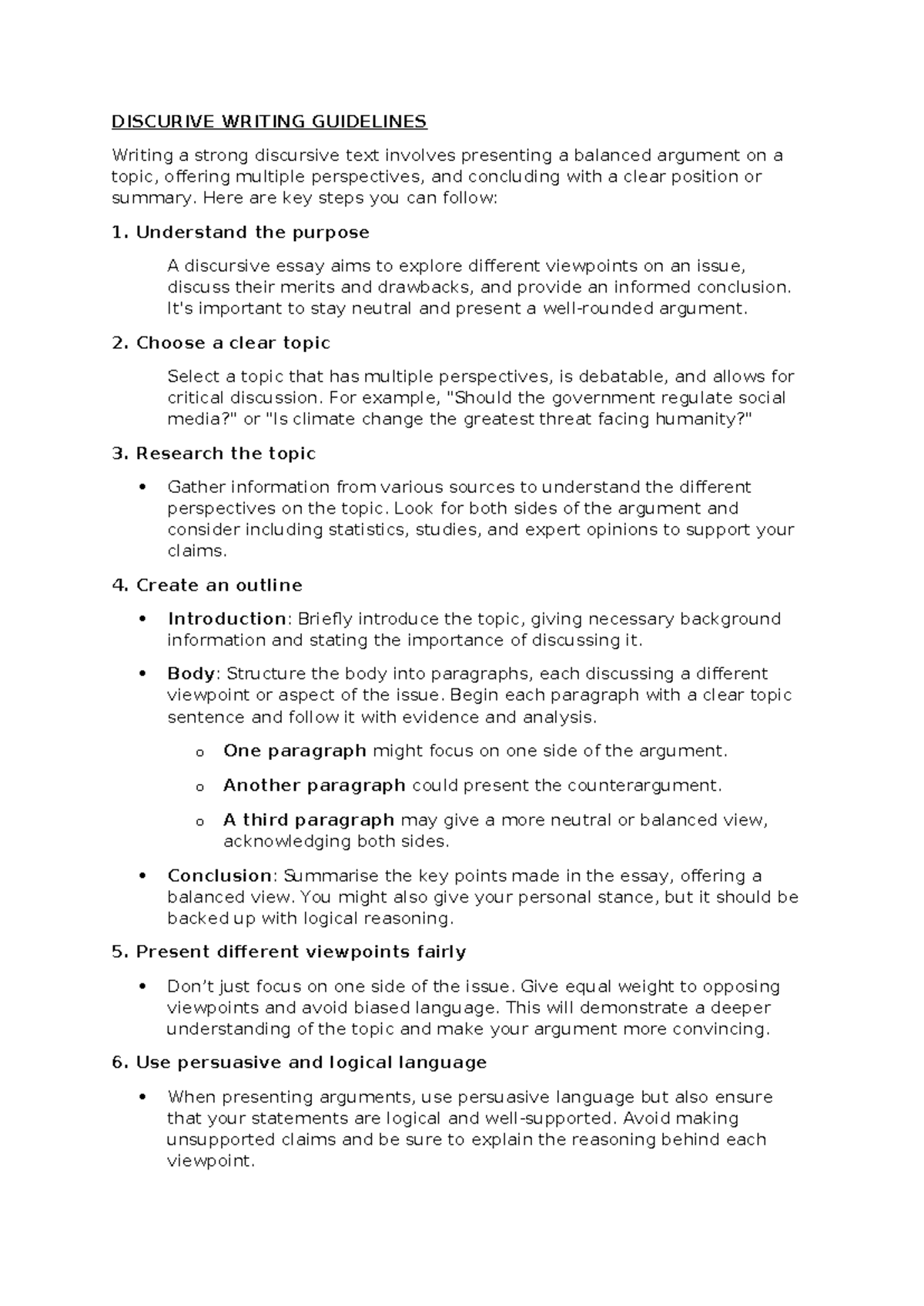 Discursive Writing Guidelines: Crafting Balanced Arguments - Studocu