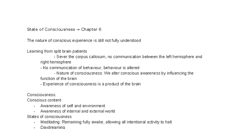 Chapter 6: The Nature of Consciousness and Awareness - Studocu