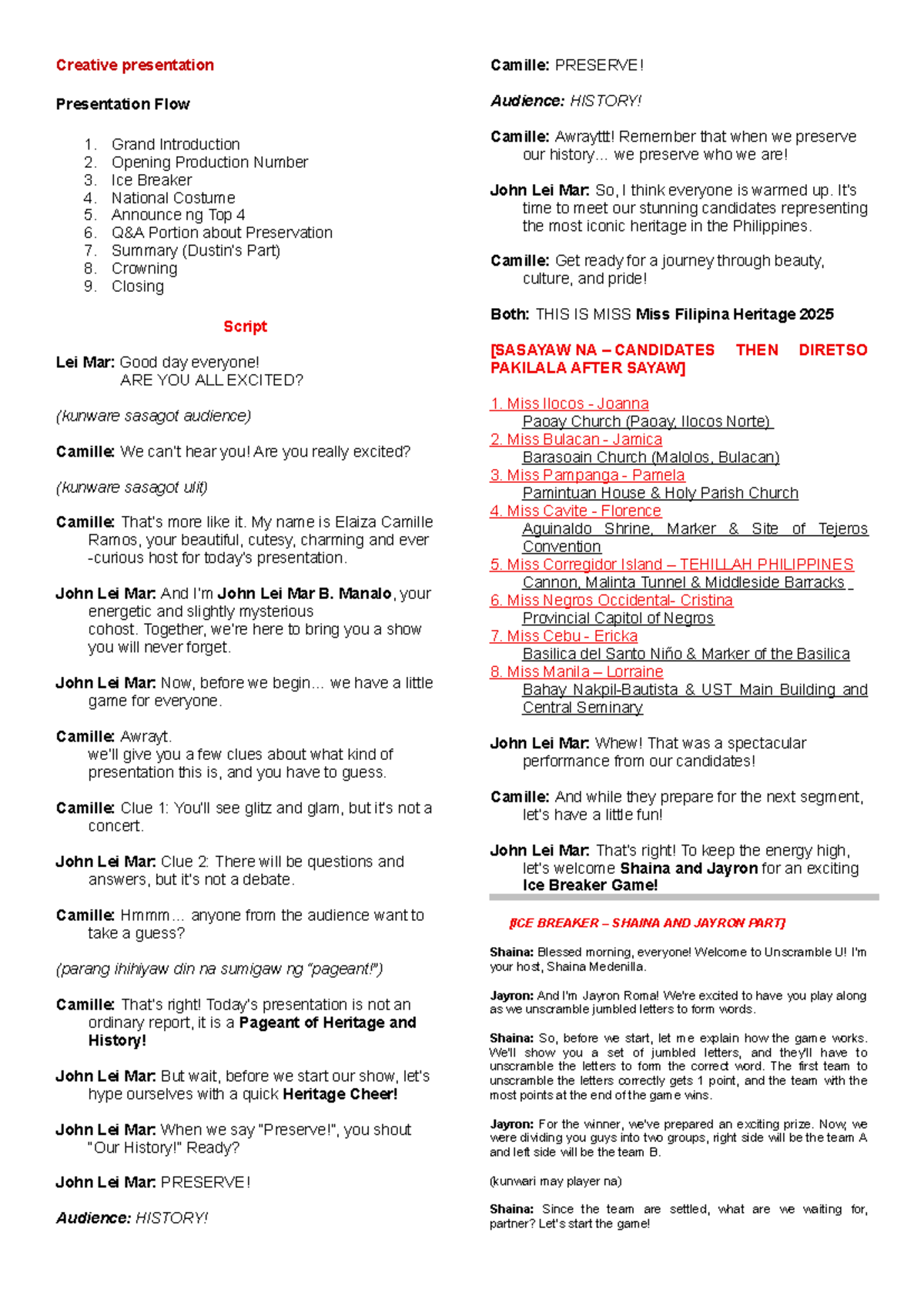 Creative Presentation Script: Miss Filipina Heritage 2025 (RPH) - Studocu