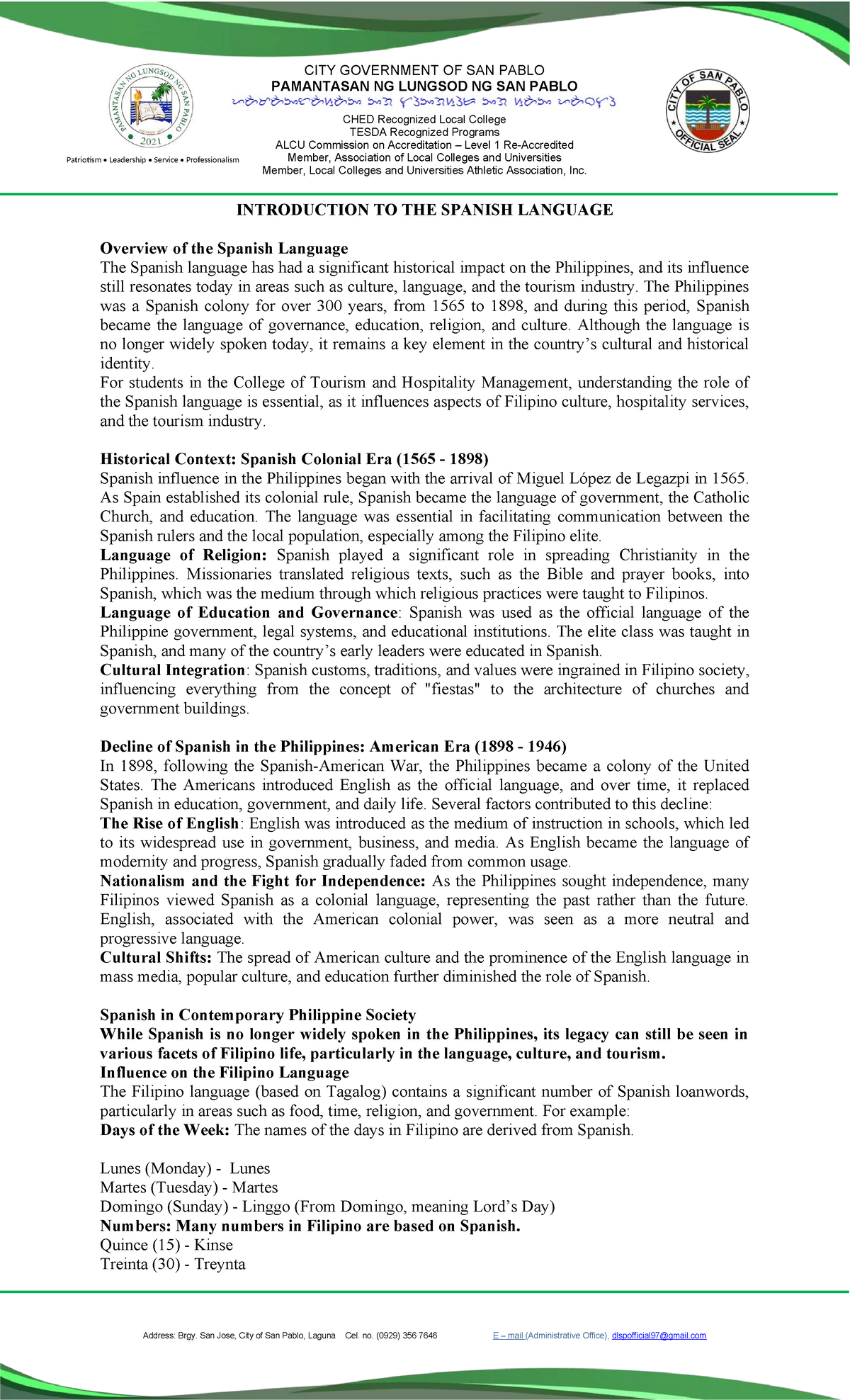 Lecture 1: Introduction to the Spanish Language - Spanish 2026 - Studocu