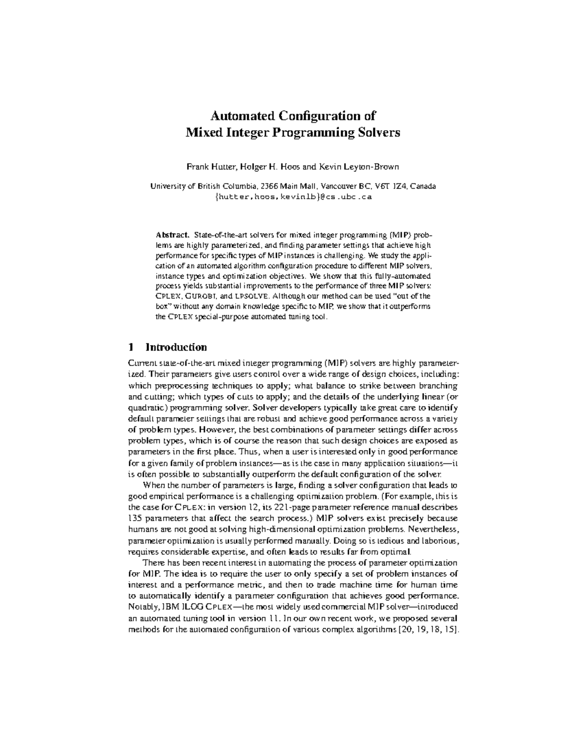 Automated Configuration of Mixed Integer Programming Solvers ...