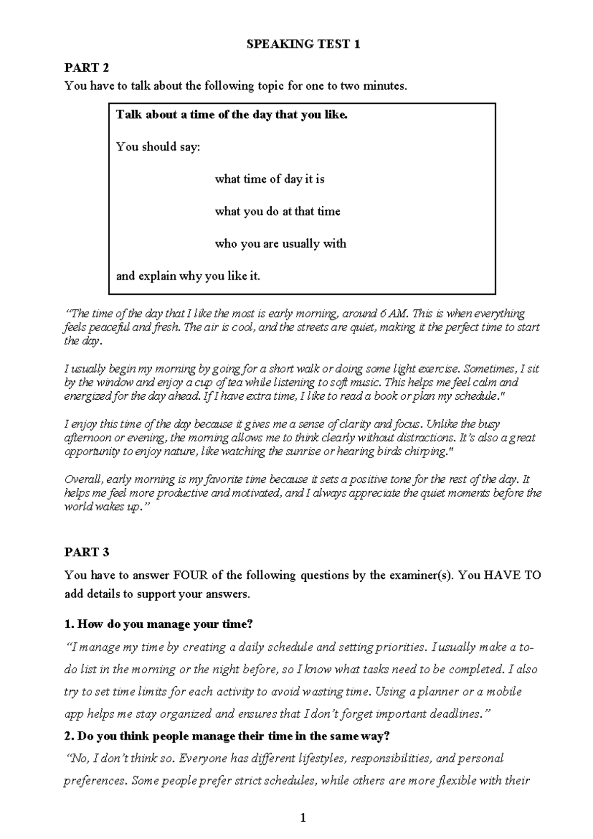 Sample answer for Ielts Speaking Part 2 & 3 - SPEAKING TEST 1 PART 2 ...