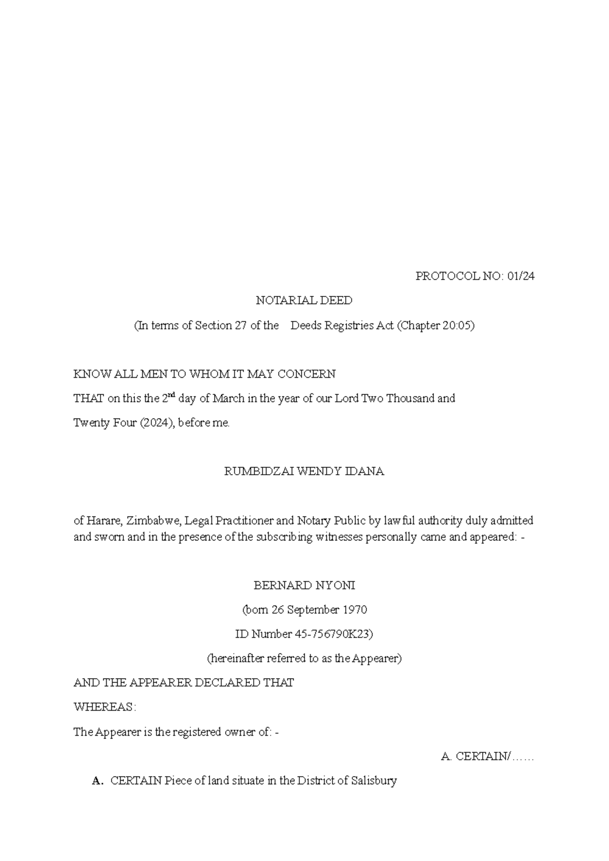 Notarial Deed Protocol: Section 27 of Deeds Registries Act R202369 ...