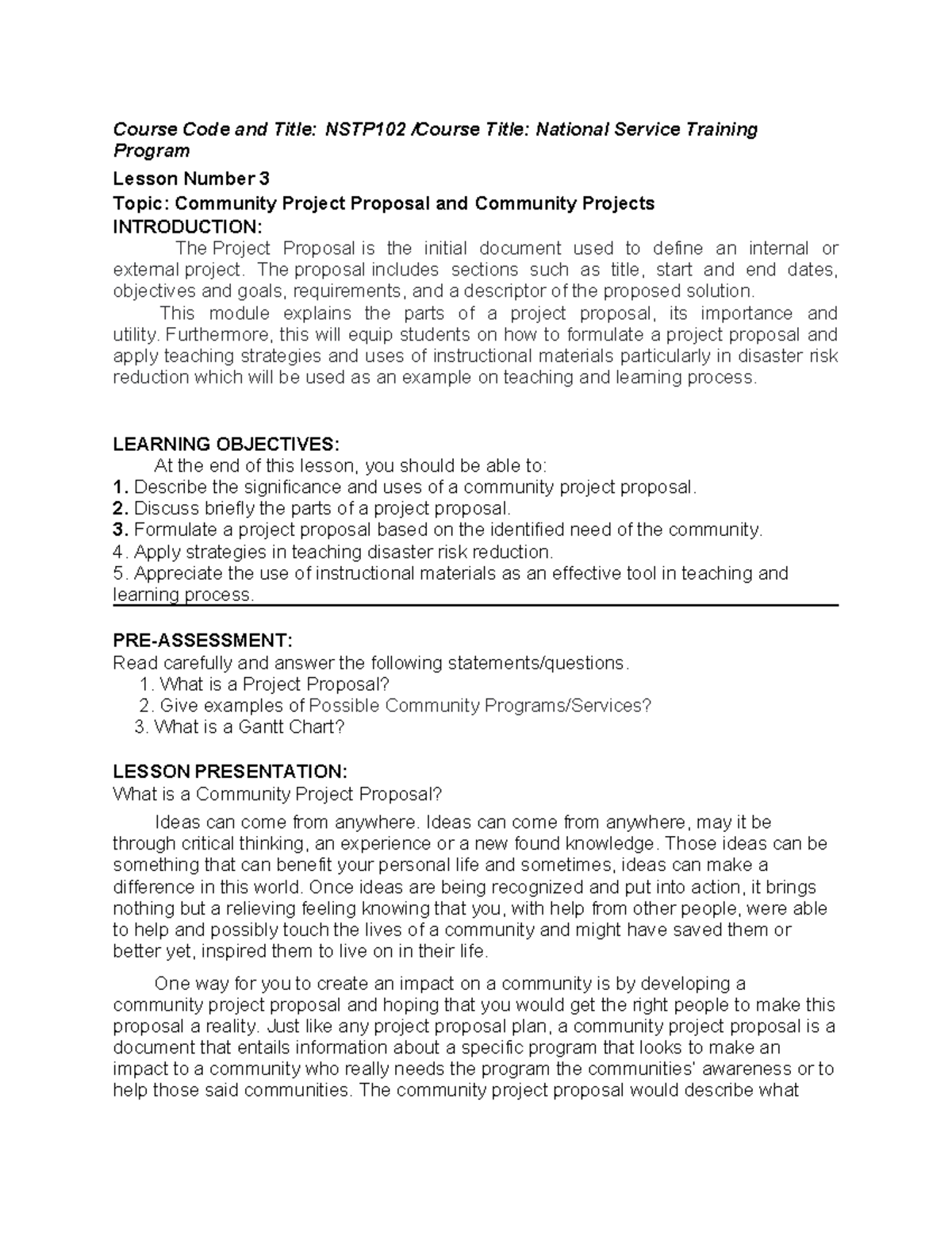 NSTP102 Lesson 3: Creating Community Project Proposals and Gantt Charts ...