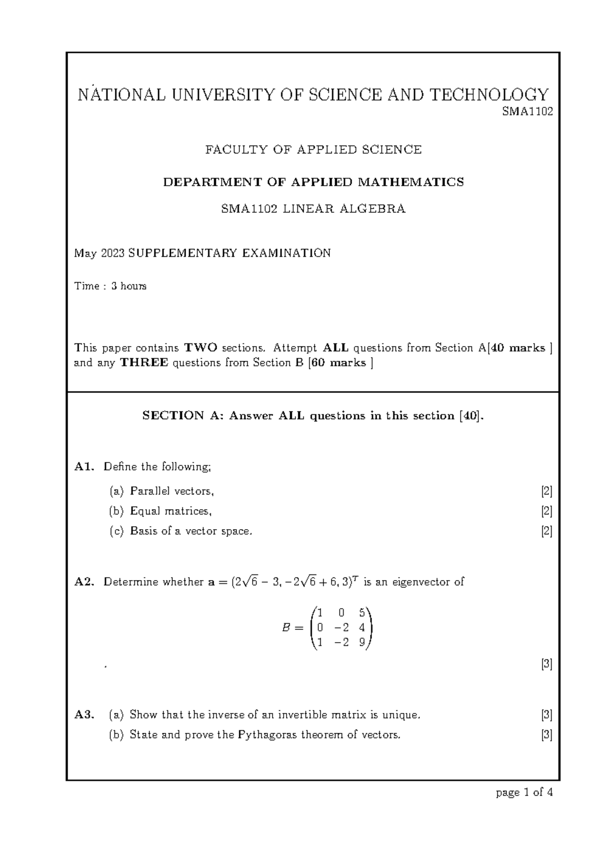 SMA1102 May 2023 Supplementary Exam: Linear Algebra Questions - Studocu