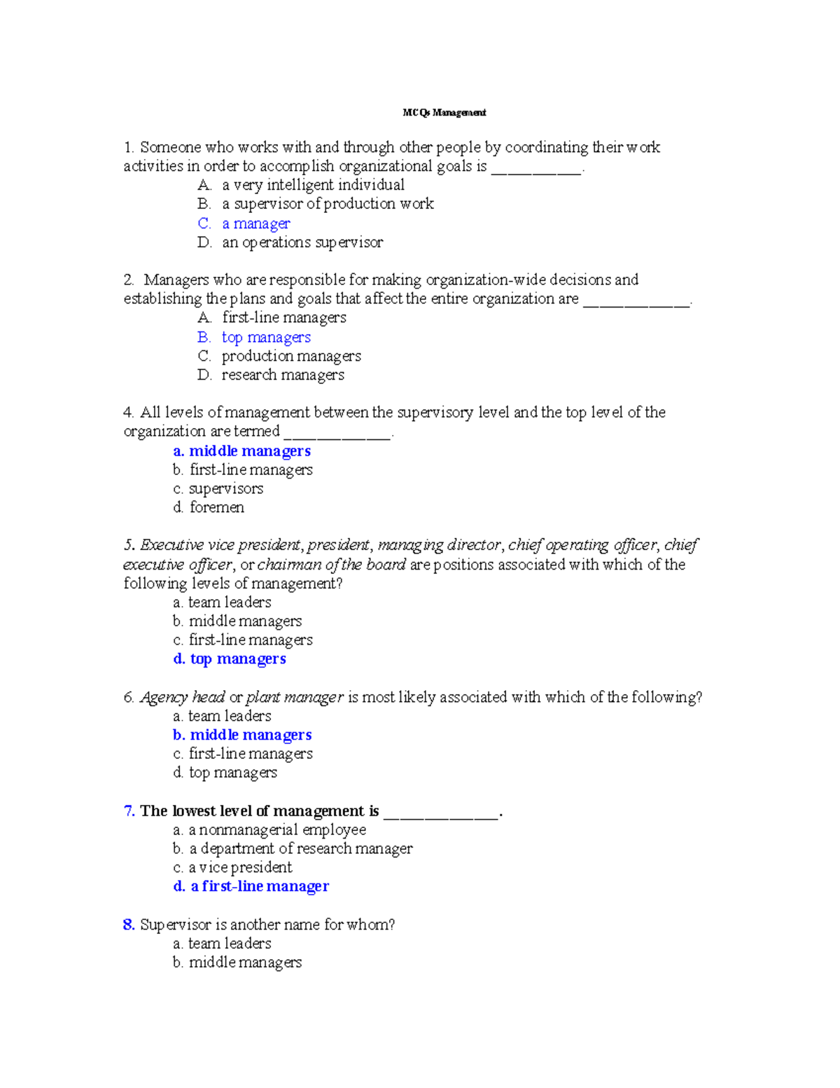 Management MCQs (371529817) - Key Concepts and Definitions - Studocu
