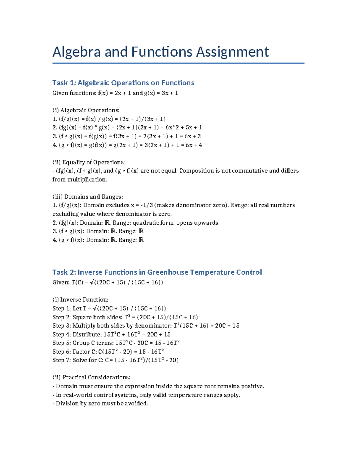 Algebra & Functions Assignment: Operations, Inverses, & Transformations ...