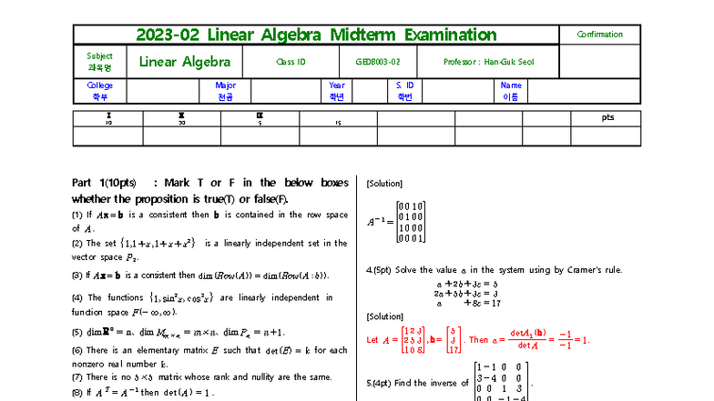 Linear Algebra 23-2 Midterm Exam Review and Solutions - Document Preview