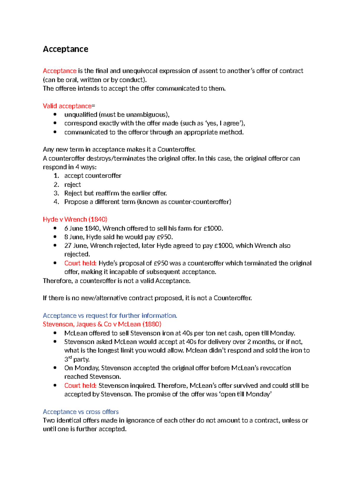L3 - Acceptance in Contract Law: Key Concepts and Cases - Studocu