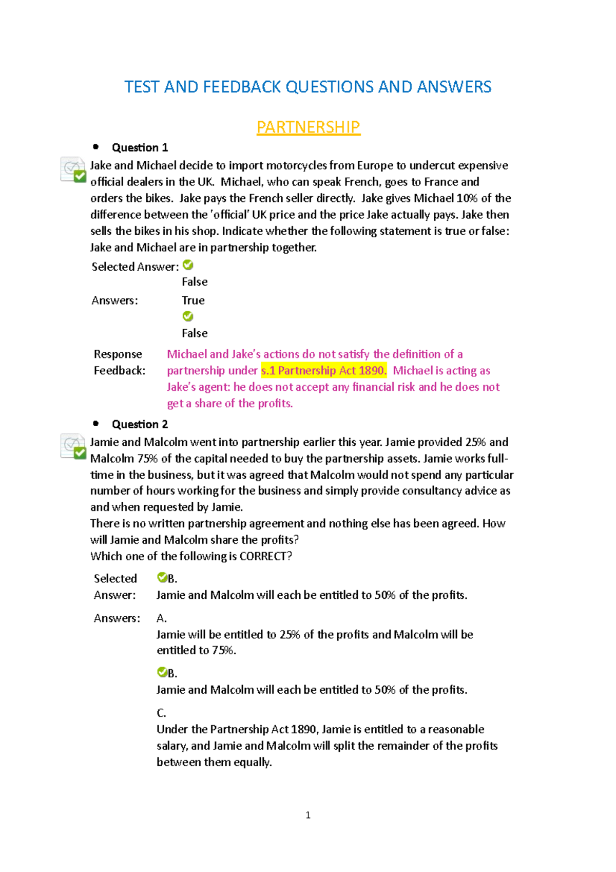 Business Law and Practice Test and Feedback Questions and Answers - Studocu