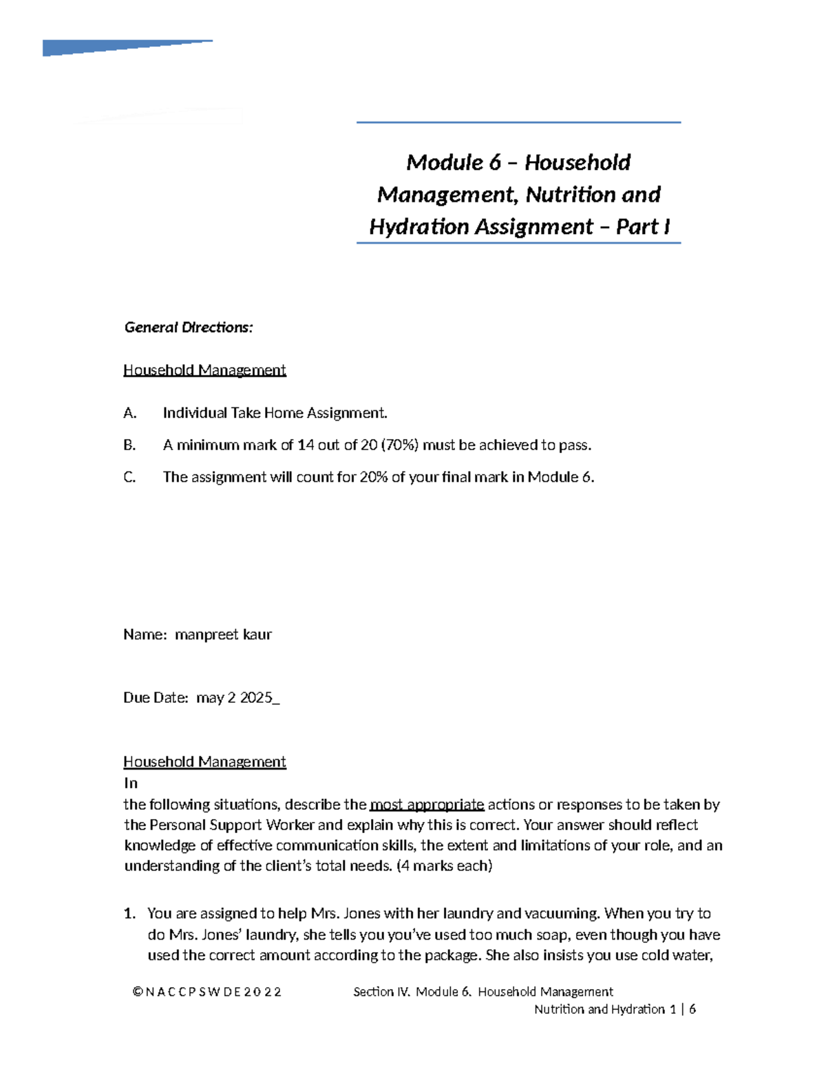Module 6 Assignment: Household Management, Nutrition & Hydration Guide ...