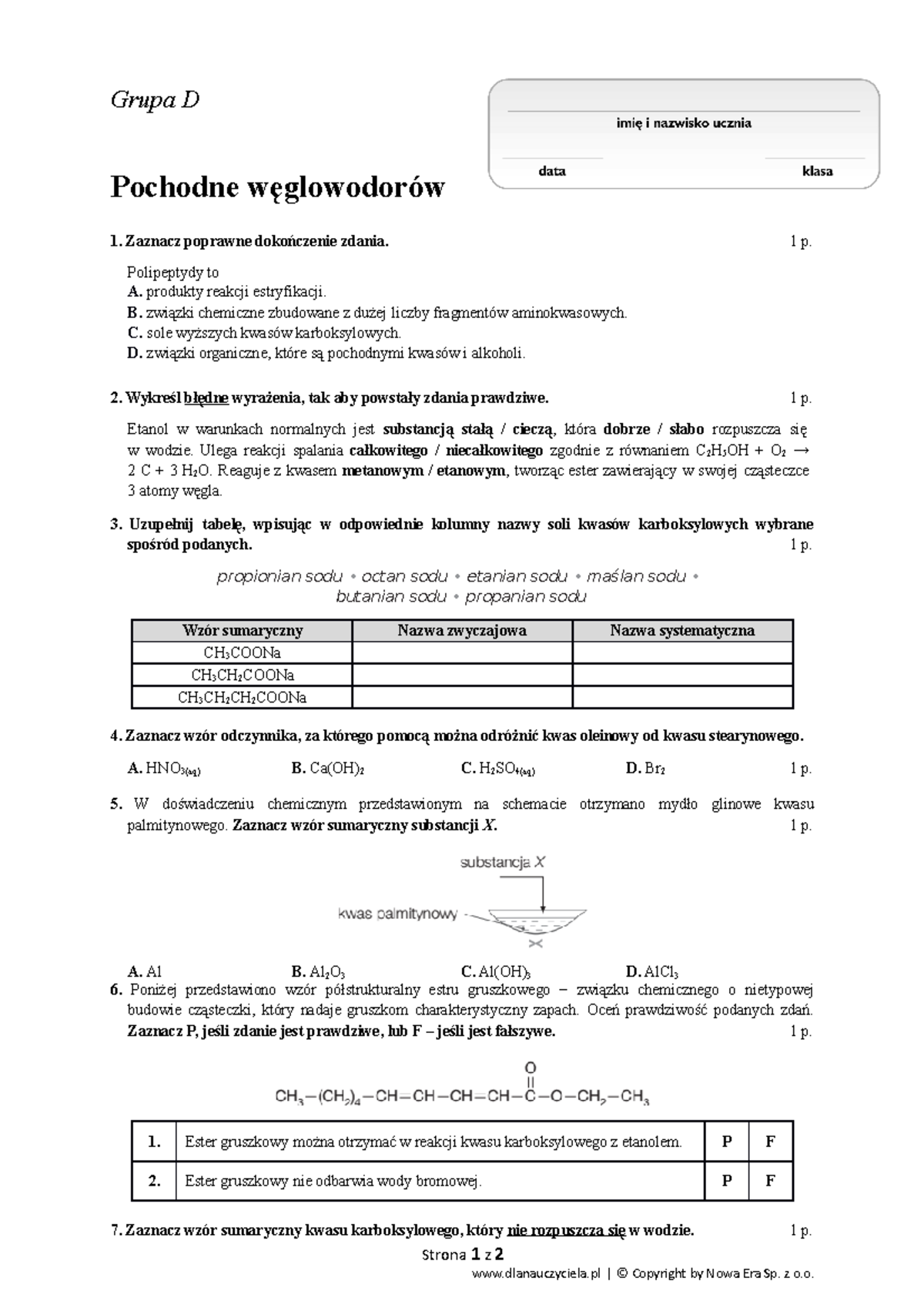Węglowodorów Pochodne Sprawdzian Gimnazjum Spra.pl