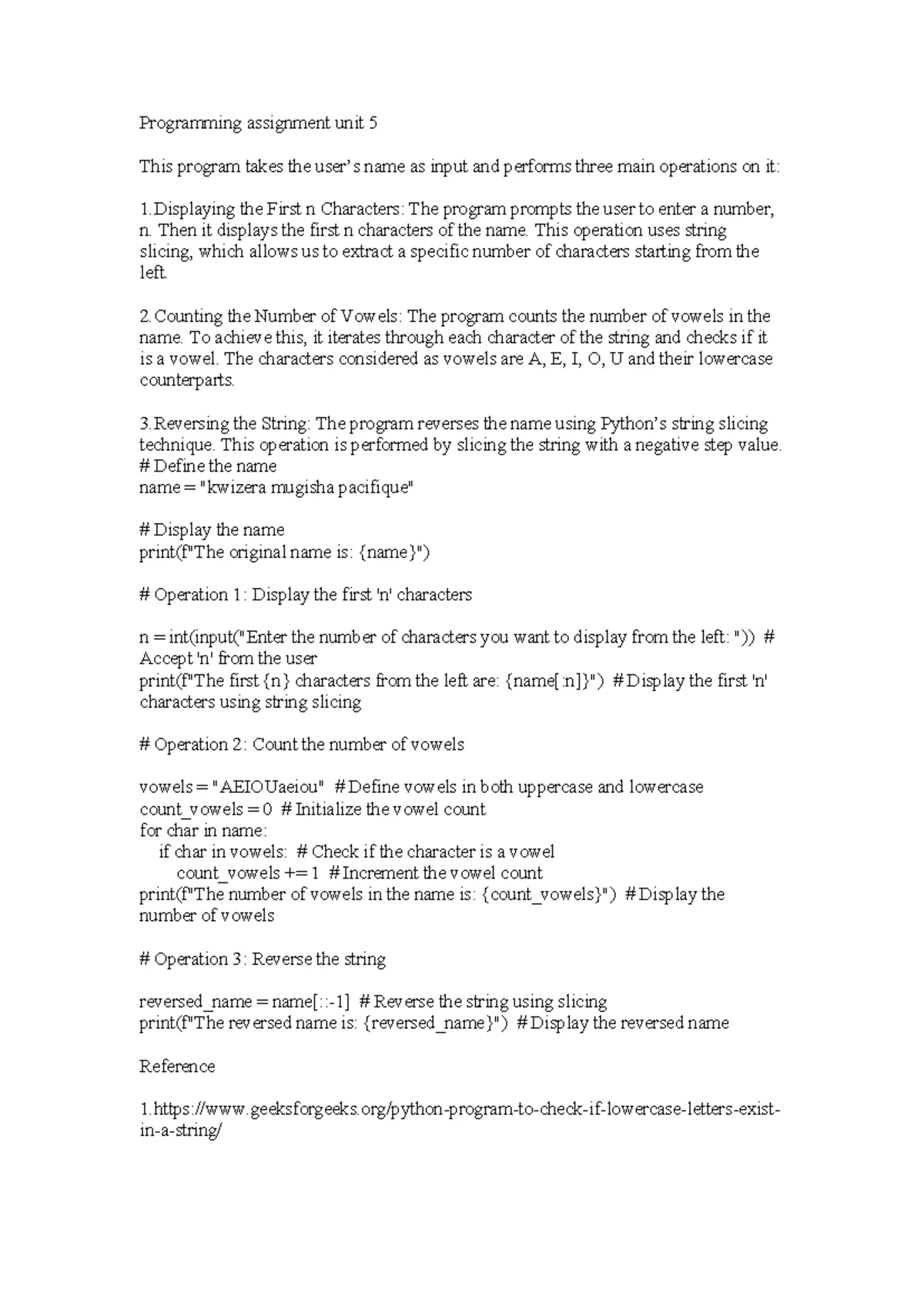 UNIT 8 Programming 1- Assignment - ASSIGNMENT QUESTION: In this ...
