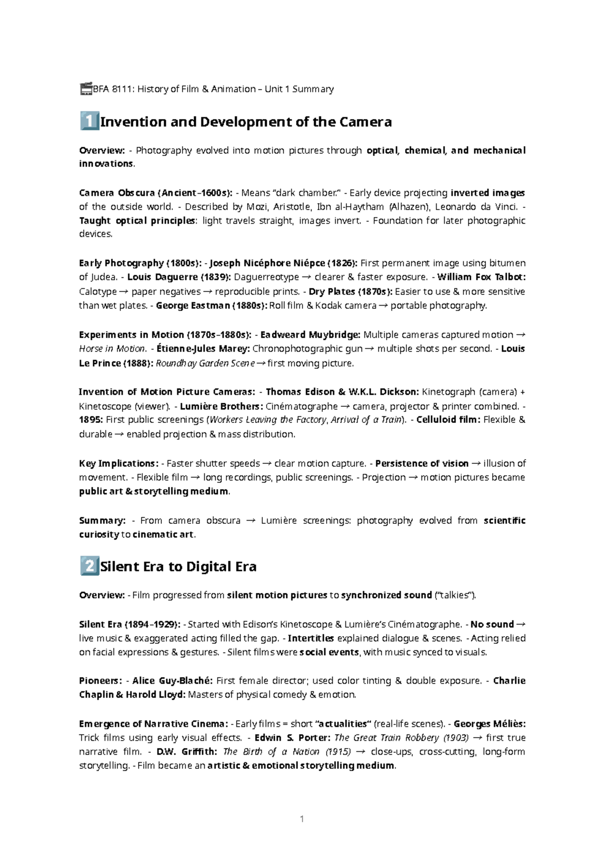 BFA8111 Unit 1 Summary: Evolution of Film & Animation Techniques - Studocu