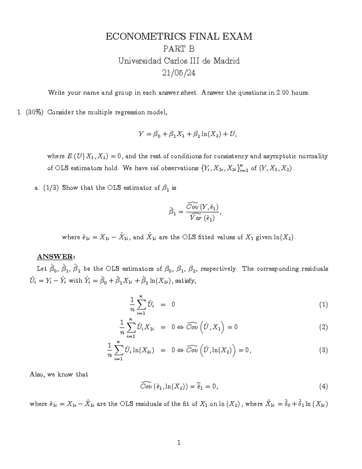 ECONOMETRICS FINAL EXAM PART B SOLUTIONS - May 2024 - Studocu