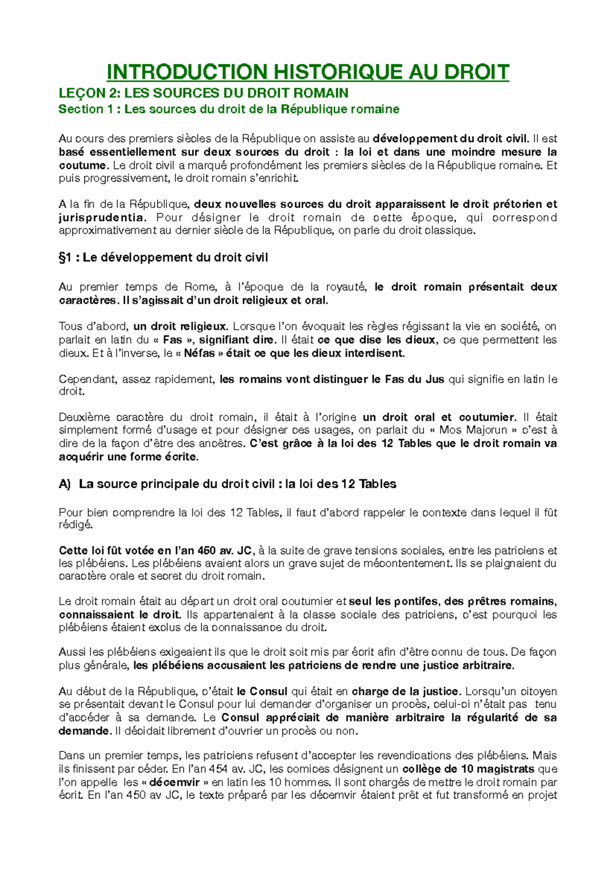 HISTOIRE DU DROIT LEÇON 2: SOURCES DU DROIT ROMAIN - Studocu