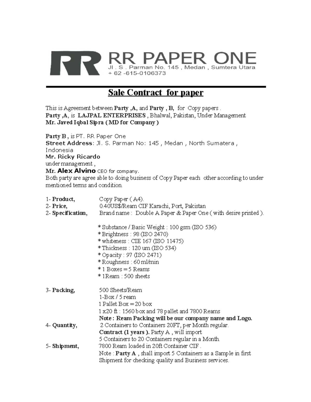 sale paper contract - Sale Contract for paper This is Agreement between ...