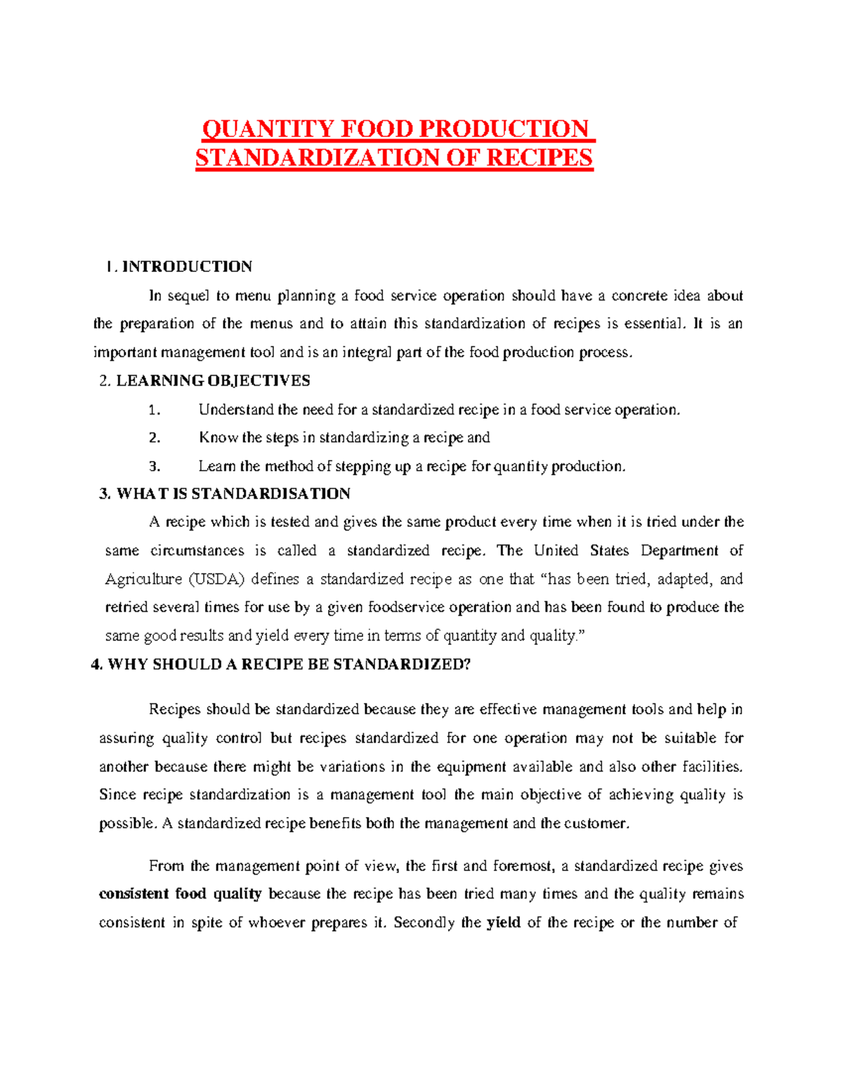 Standardizing Recipes for Quantity Food Production Management - Studocu