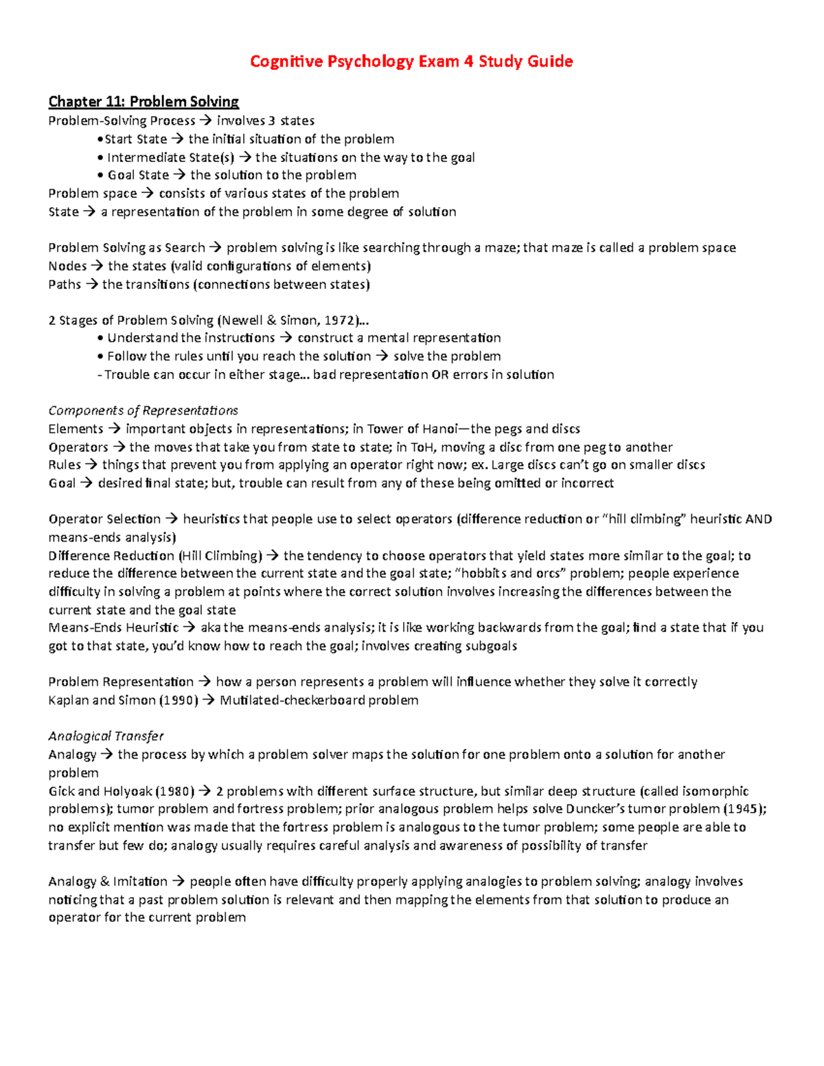 Cognitive Psychology Exam 4 Study Guide - Large discs go on smaller ...