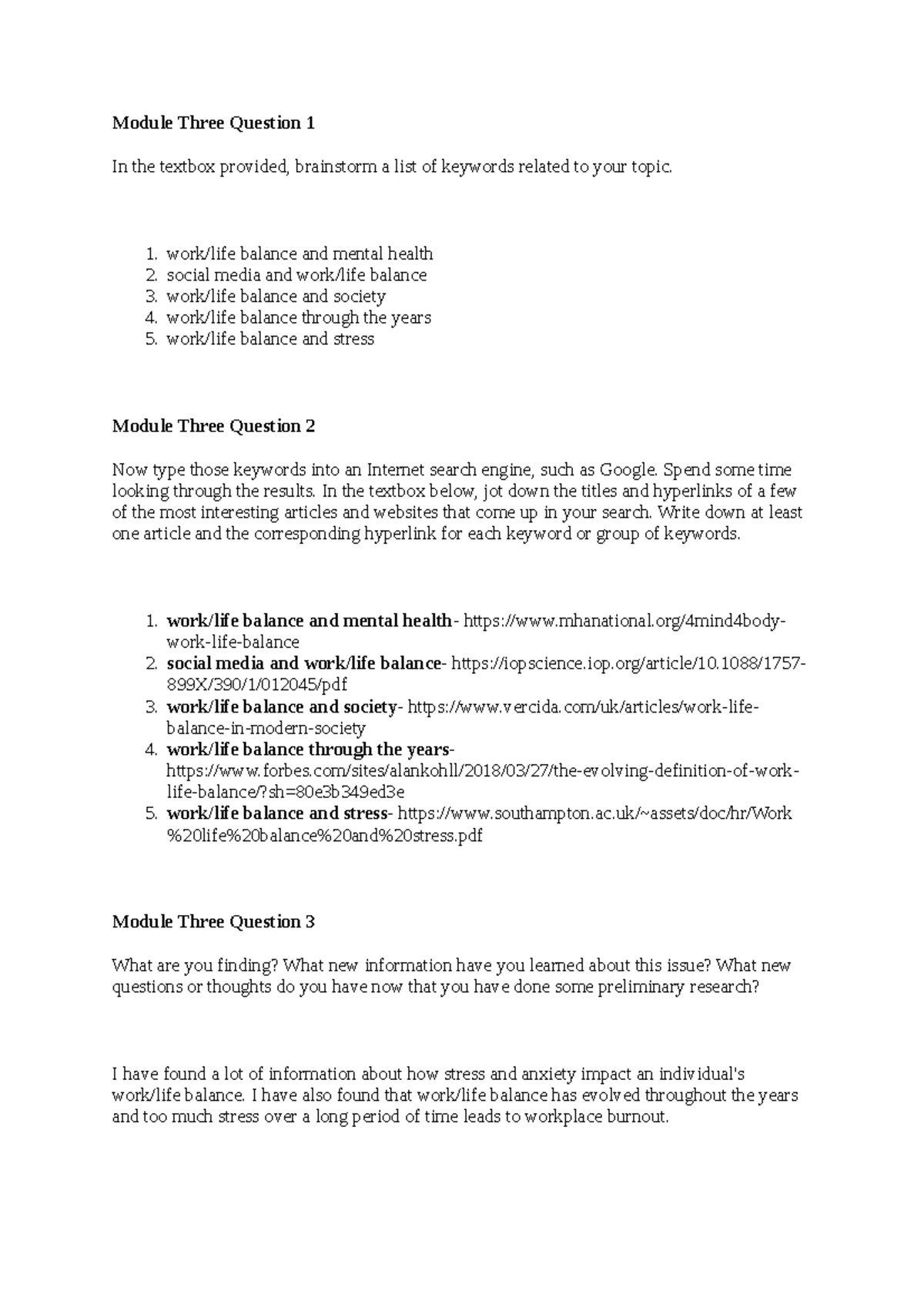 Module 3 Coursework on Work/Life Balance & Mental Health - Studocu
