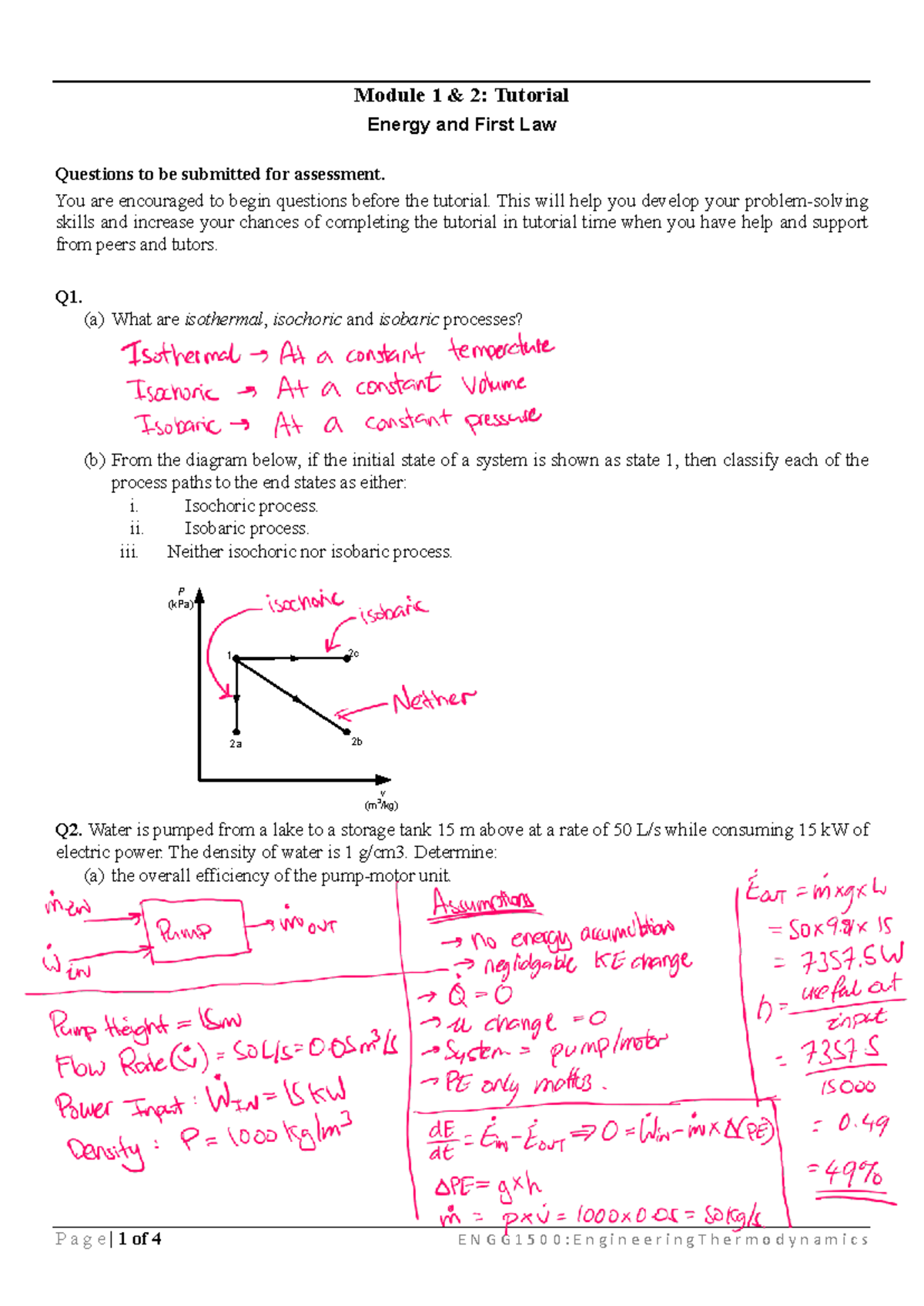 ENGG1500: Module 1 & 2 Tutorial Solutions on Energy & First Law - Studocu