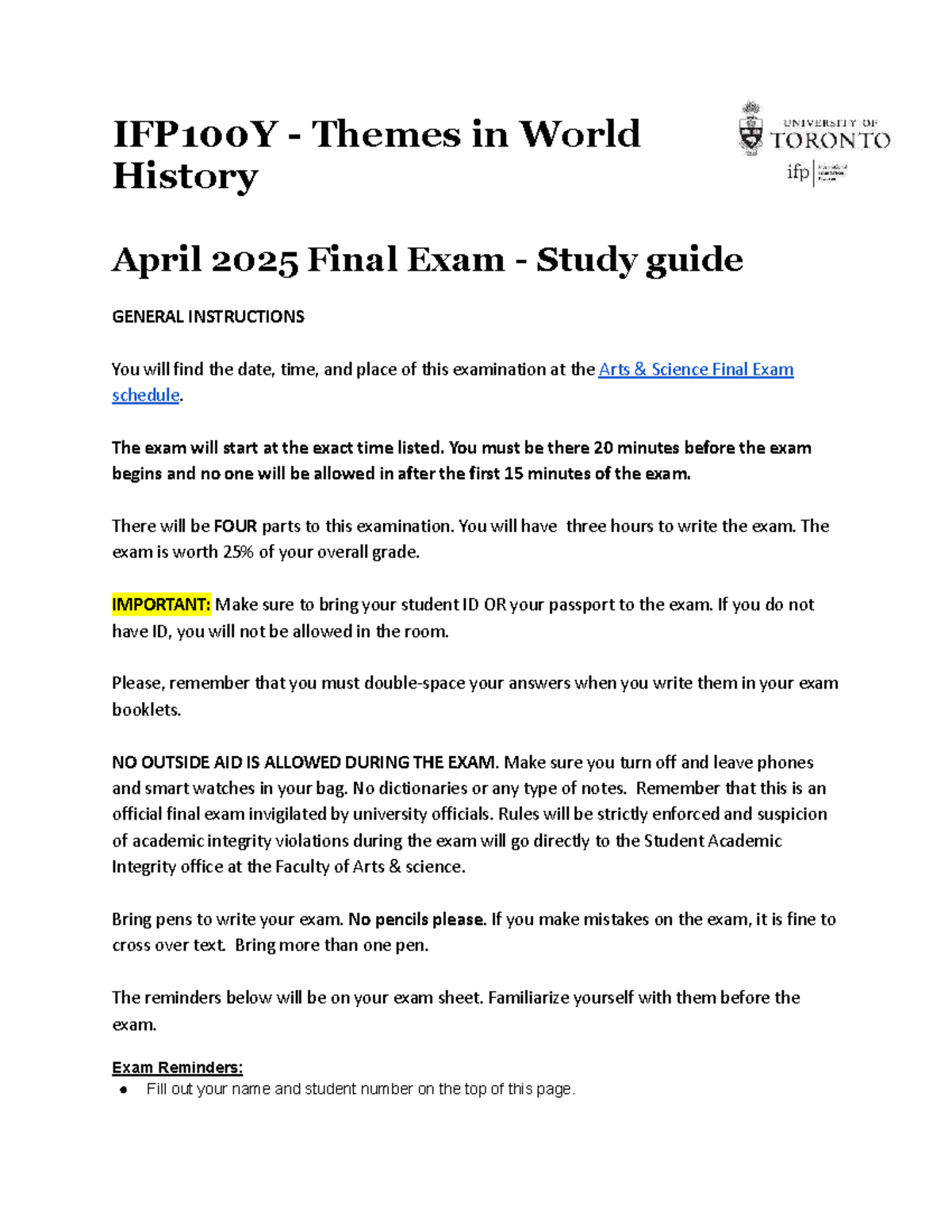 IFP100Y April 2025 Final Exam Study Guide on World History Themes - Studocu
