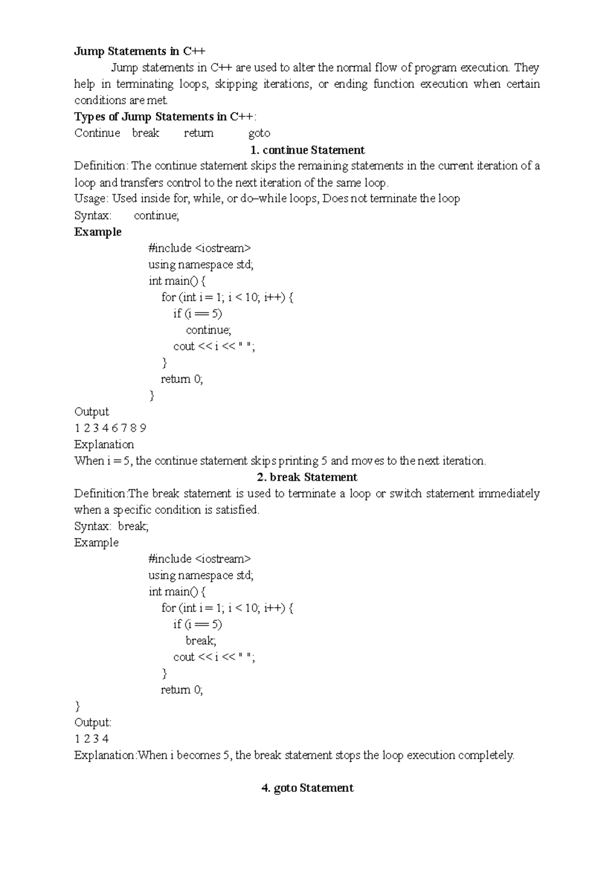 Jump Statements in C++: Types and Usage Guide - Studocu