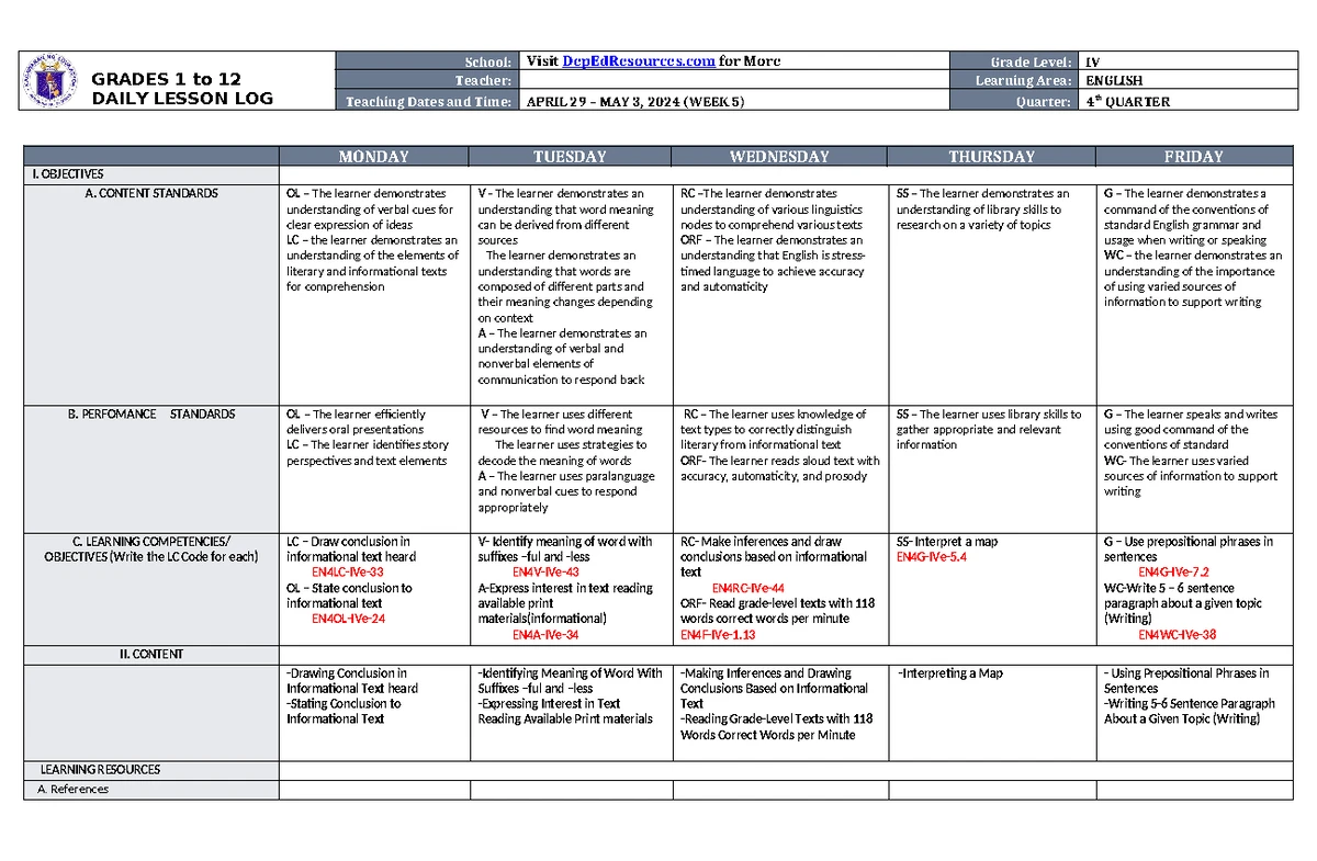 DLL English 4 Q4 W2 - Daily Lesson Log for Grade IV Teachers - Studocu