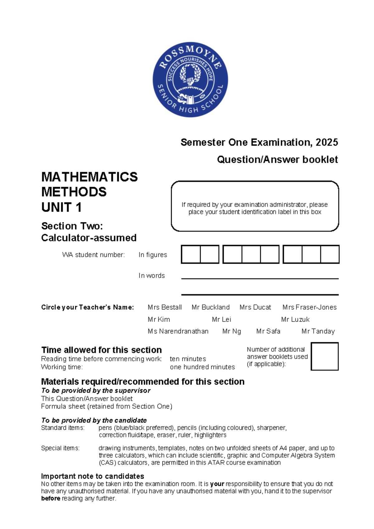 RSHS 2025 YR11 MATH METHODS UNIT 1 SEMESTER ONE EXAMINATION - Studocu