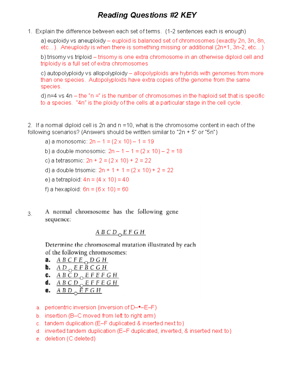 Reading Questions on Genetics and Aneuploidy - Course Code RECOMMENDED ...