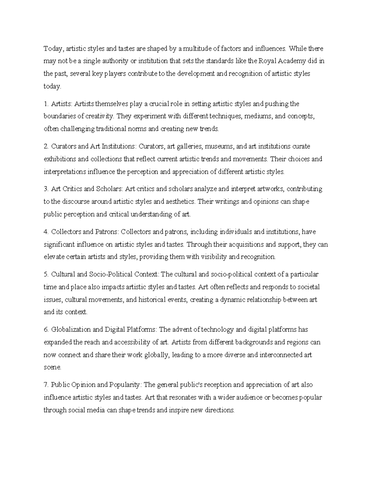 AHist 1401 Learning Journal Unit 6 - Today, artistic styles and tastes ...