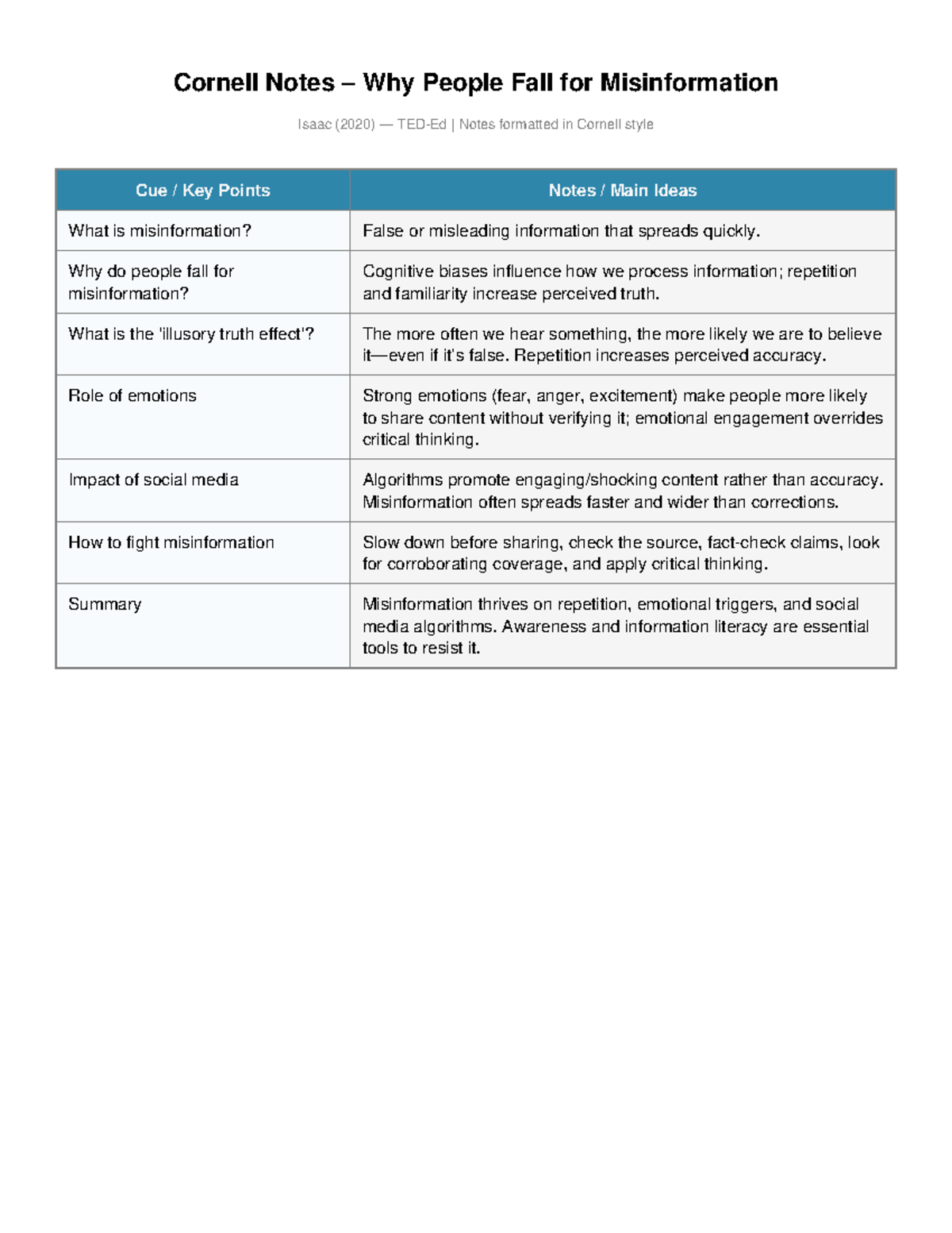 Cornell Notes: Understanding Misinformation and Its Impact - Studocu