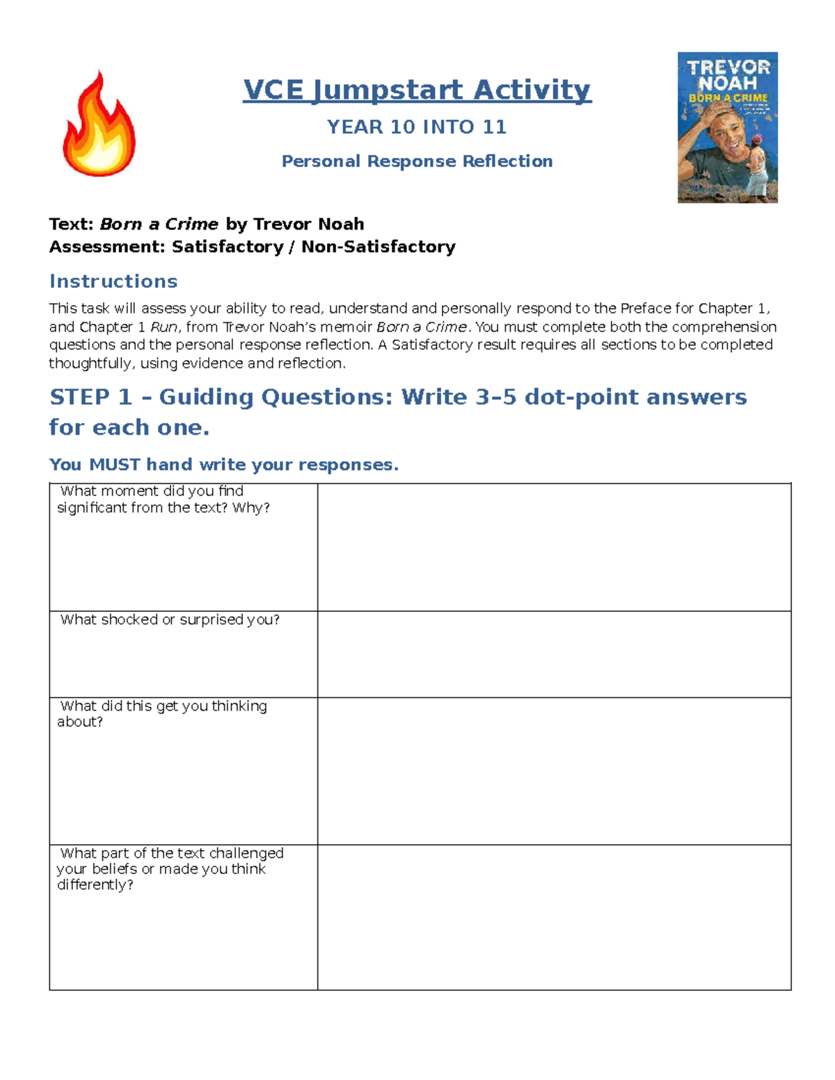 VCE Jumpstart Activity: Personal Response to Born a Crime - Studocu