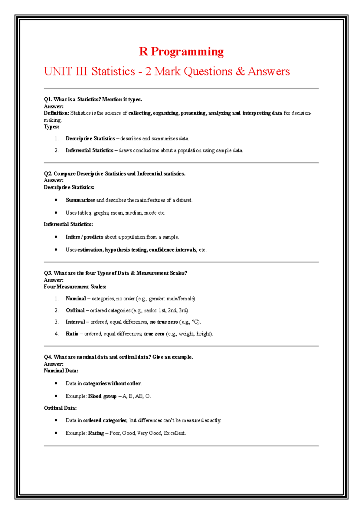 R Programming UNIT III Statistics - 2 Mark Q&A Notes - Studocu