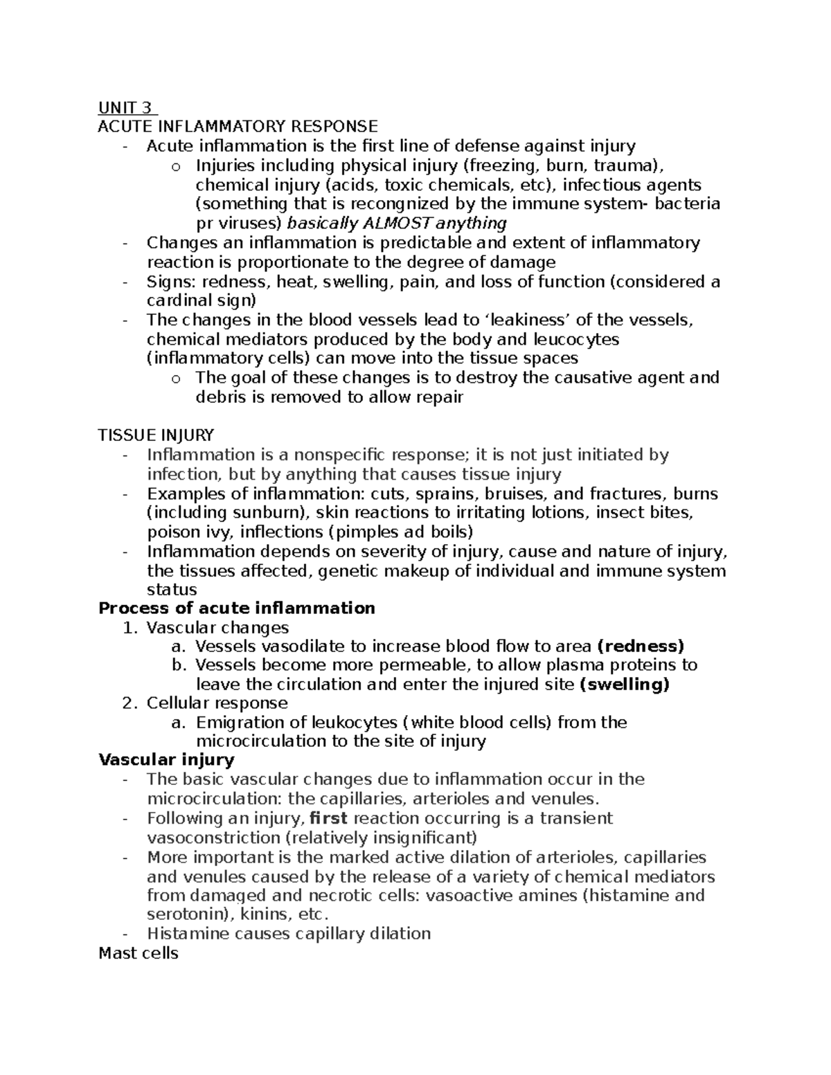 Pathophysiology UNIT 3: Acute Inflammatory Response - Midterm 2 Notes ...