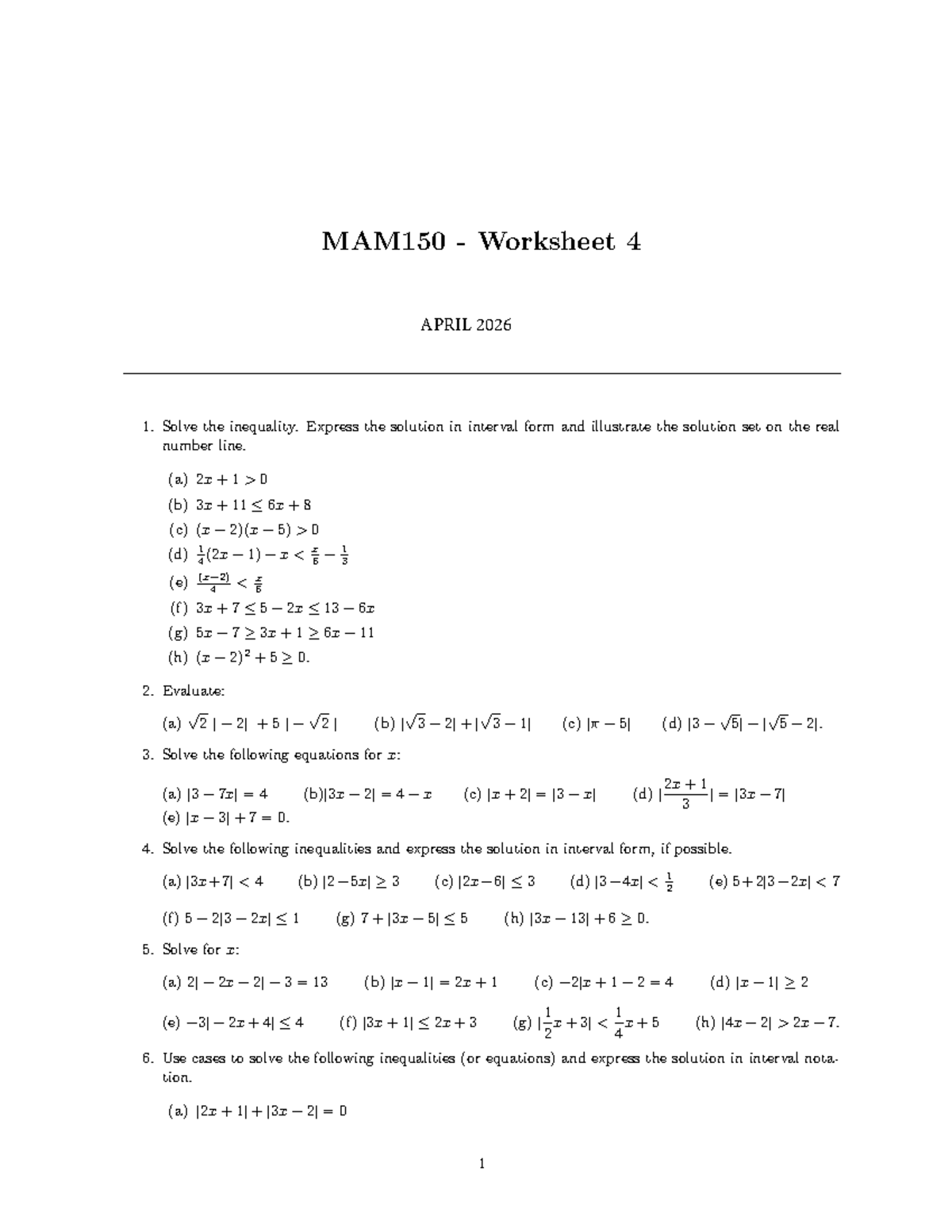 MAM150 Absolute Value Worksheet Solutions and Inequalities - Studocu