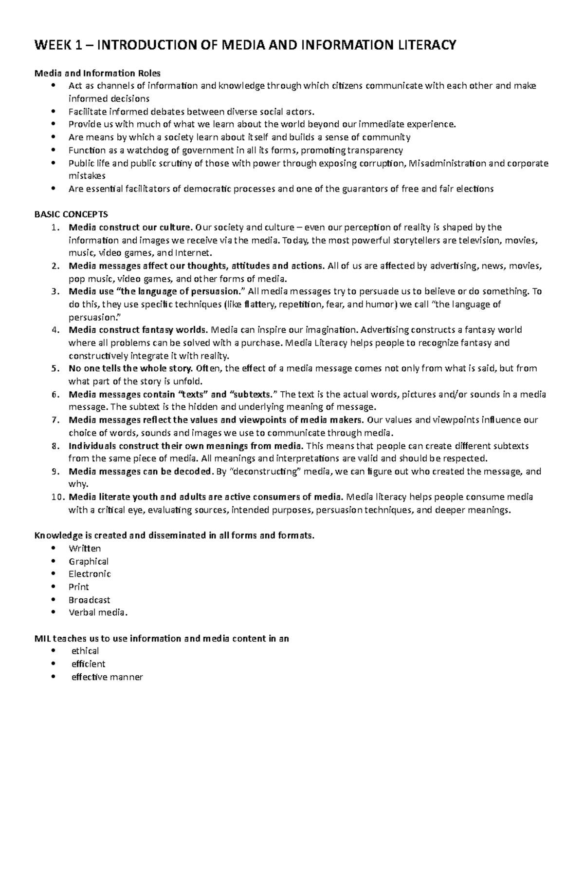 MIL- Lecture Notes - Media and Information Literacy Overview - Studocu
