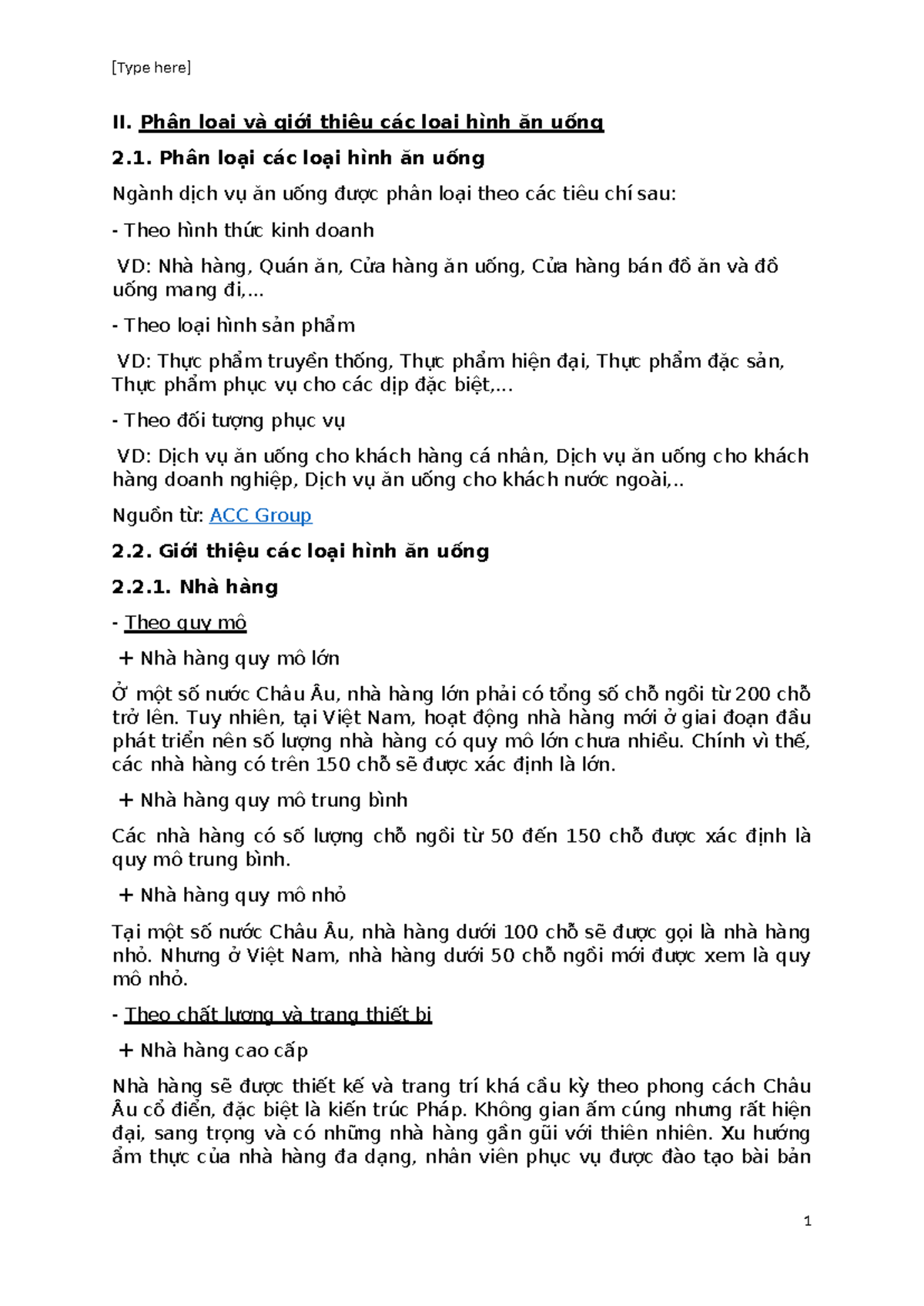 Phân loại và giới thiệu các loại hình ăn uống trong ngành dịch vụ Ẩm thực - Document Preview