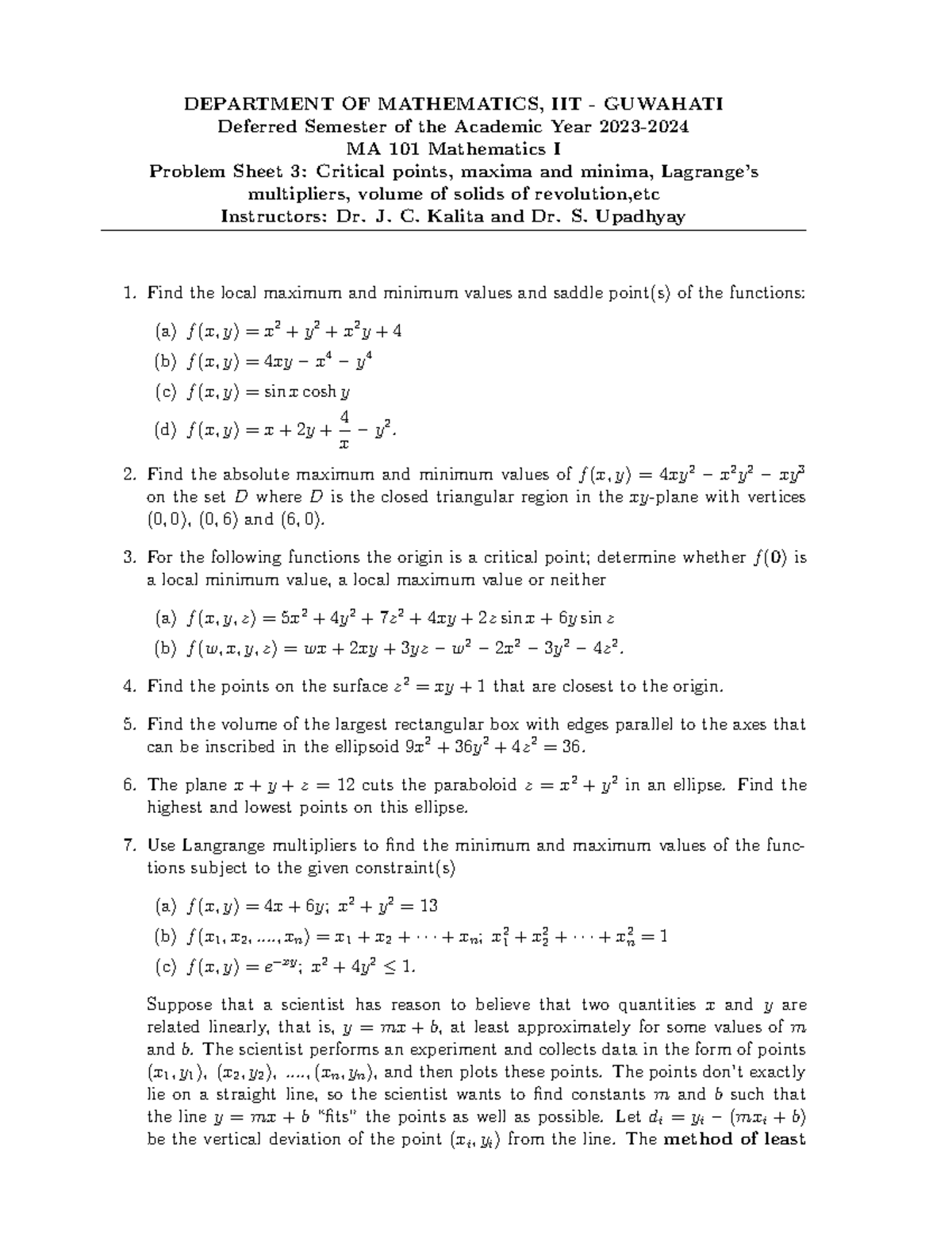 MA 101 Mathematics I Problem Sheet 3: Critical Points & Optimization ...