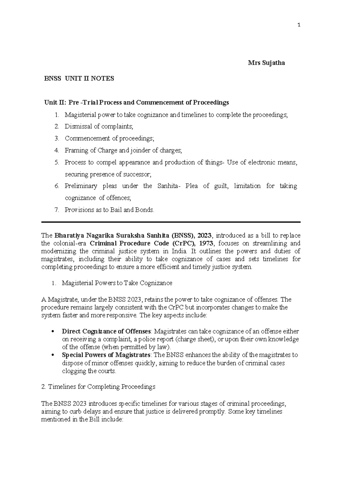 BNSS 2023 Unit II Notes: Pre-Process & Commencement of Proceedings ...
