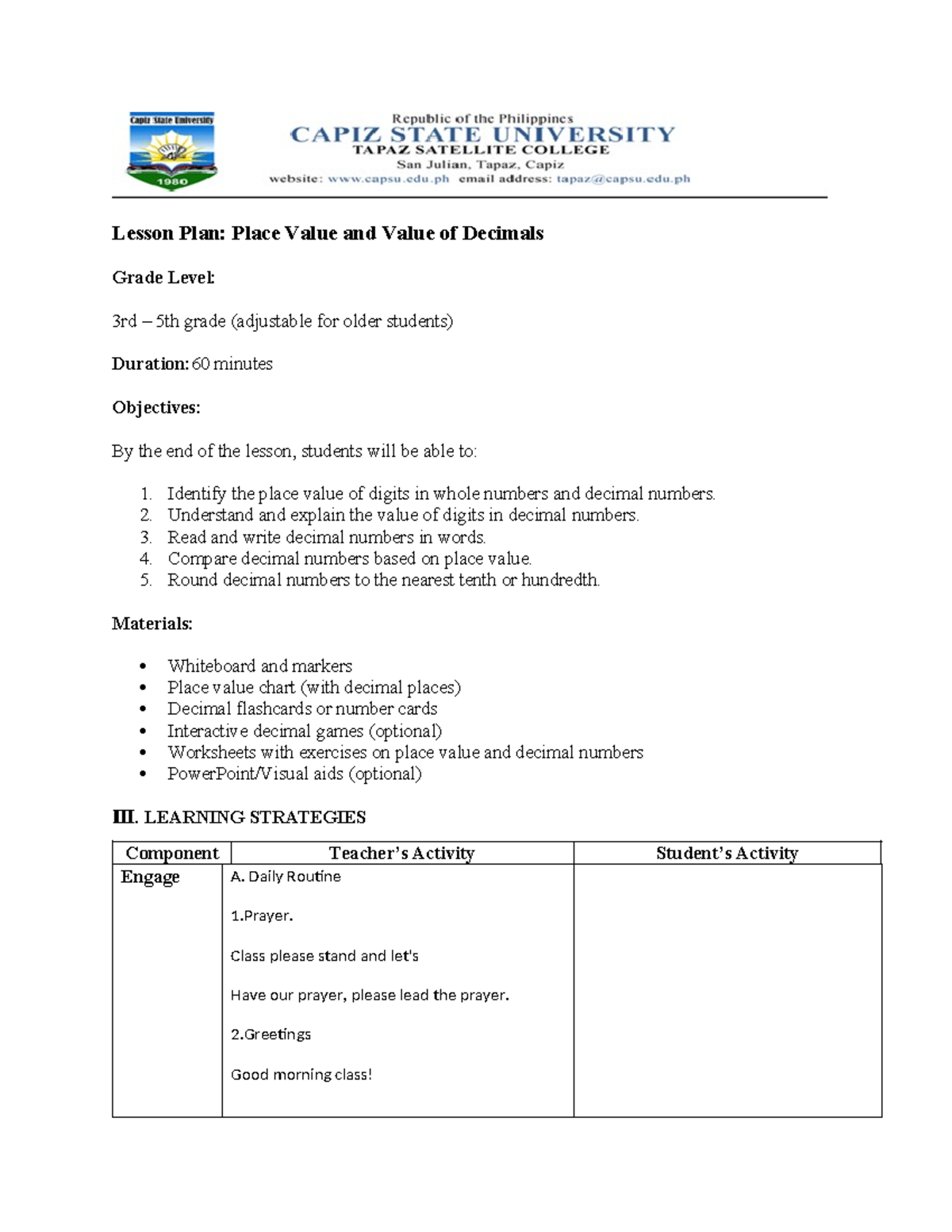Lesson Plan MATH- Place Value and Decimals for Grades 3-5 - Studocu