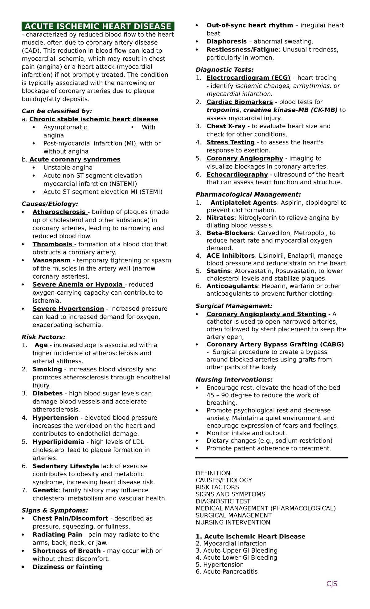 CJS: Acute Ischemic Heart Disease Overview and Management - Studocu