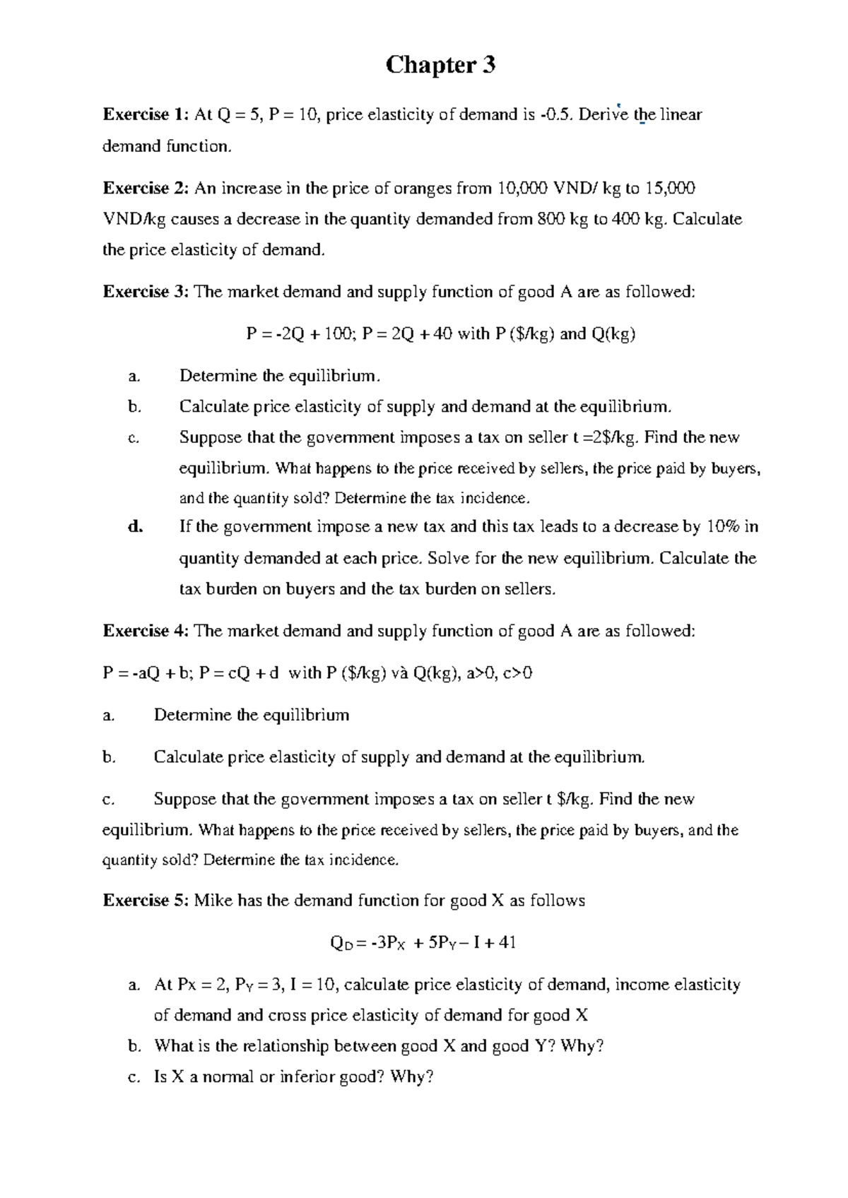Chapter 3 Exercises: Demand & Supply Functions Analysis - Studocu