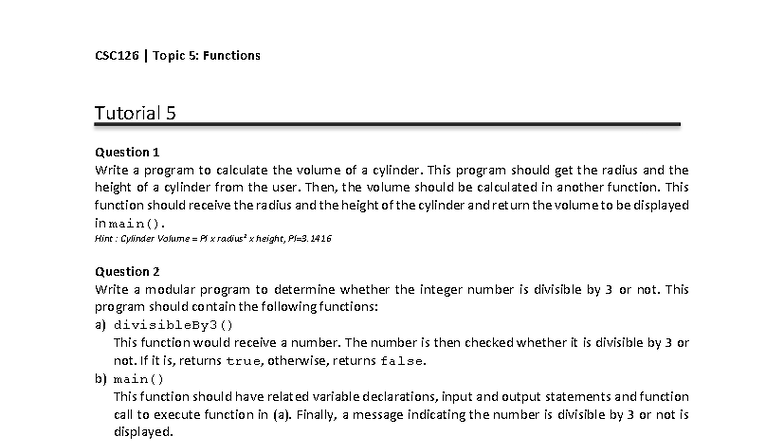 CSC126 Topic 5: Functions Tutorial - Volume, Divisibility ...
