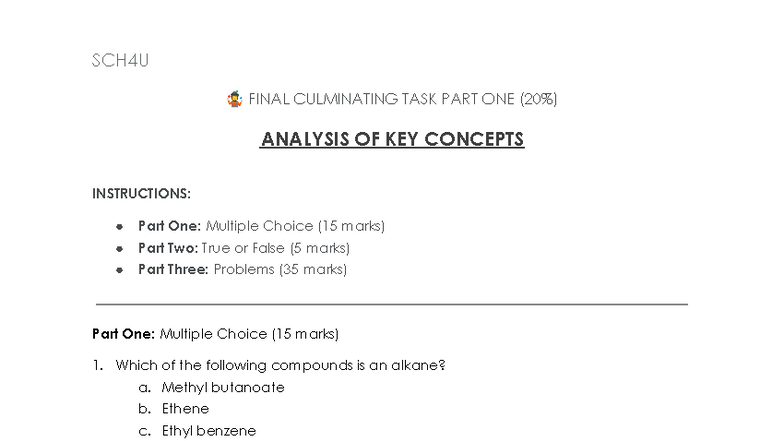 SCH4U FINAL CULMINATING TASK PART ONE: KEY CONCEPTS ANALYSIS - Studocu