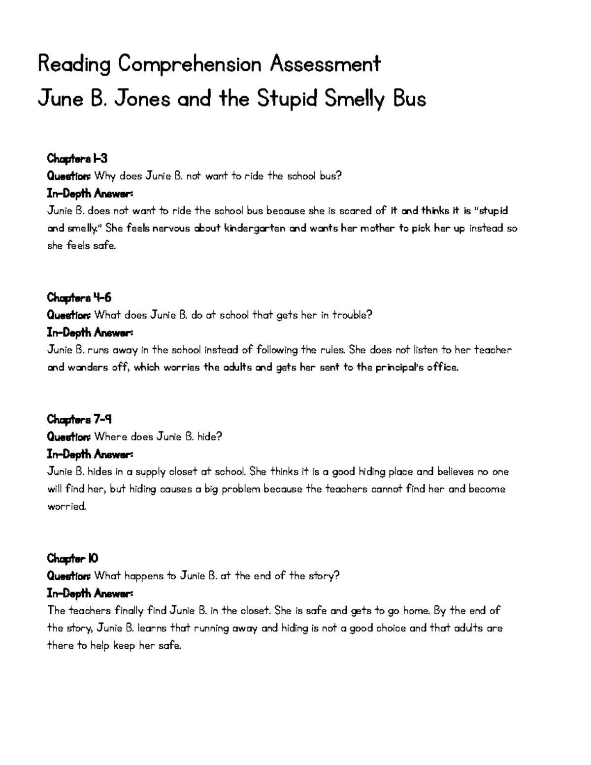 Reading Comprehension Assessment: Junie B. Jones, Stink, and Judy Moody ...