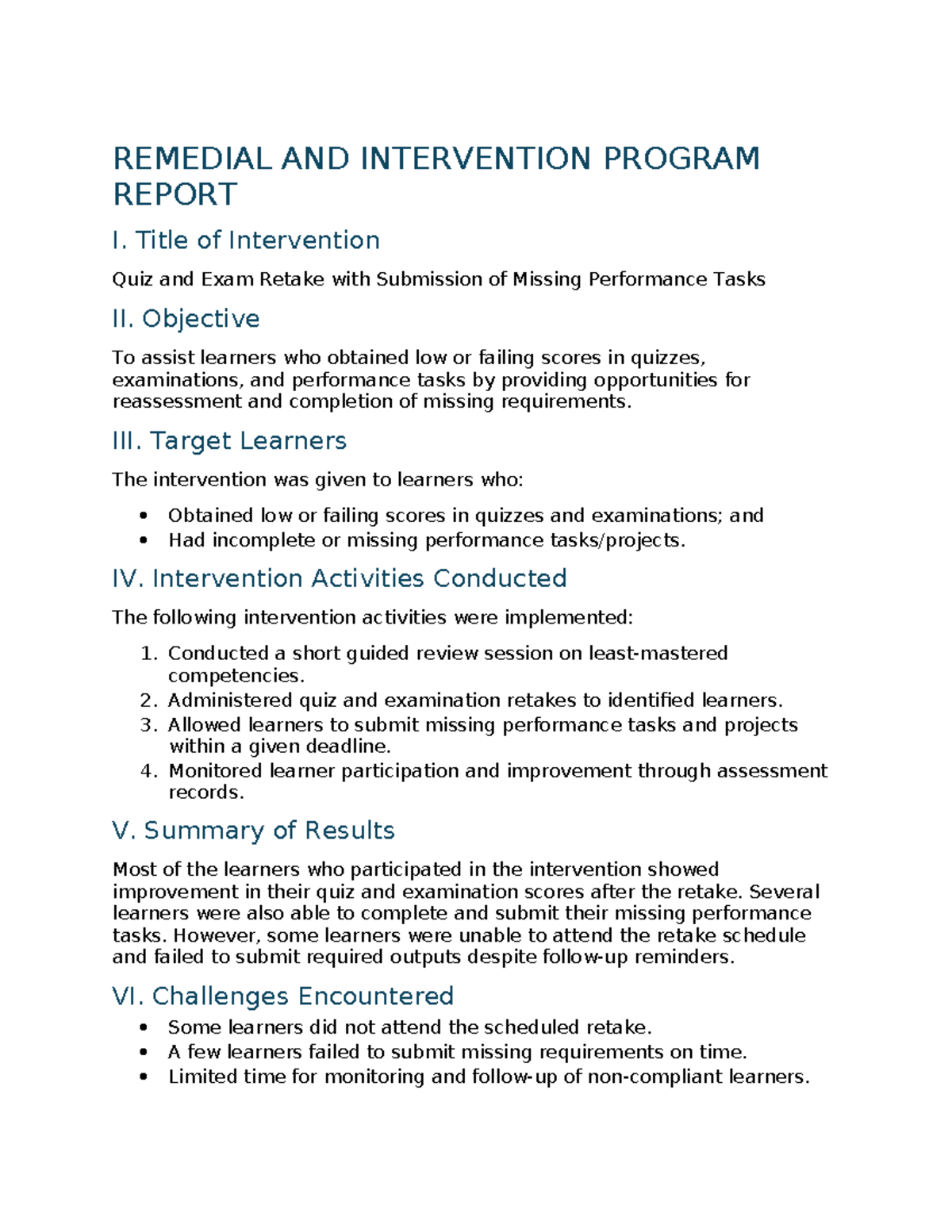Remedial Intervention Program Report: Quiz & Exam Retake Analysis - Studocu